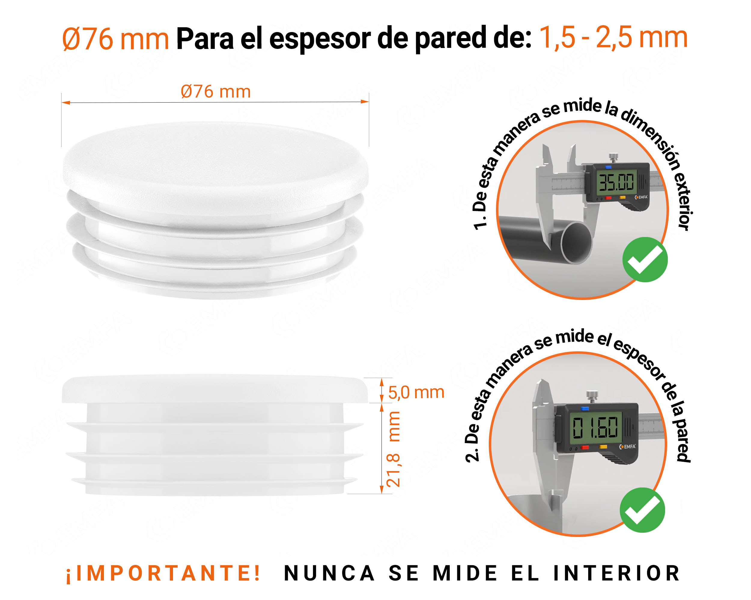 Tapones redondos de plástico de 76 mm con dimensiones e instrucciones para su correcta medición