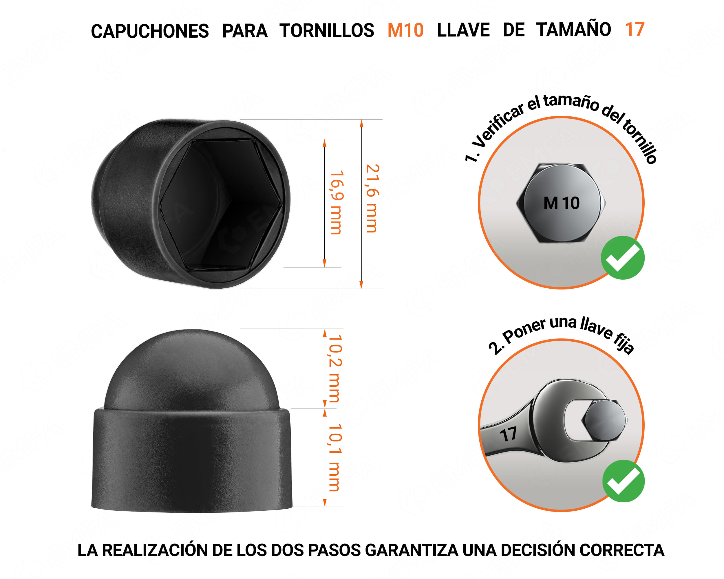 Tuerca de sombrerete de plástico para tornillo M10, tapa de tuerca M10 y llave de 17 mm en color Negro con dimensiones y guía para la correcta medición del sombrerete de plástico.