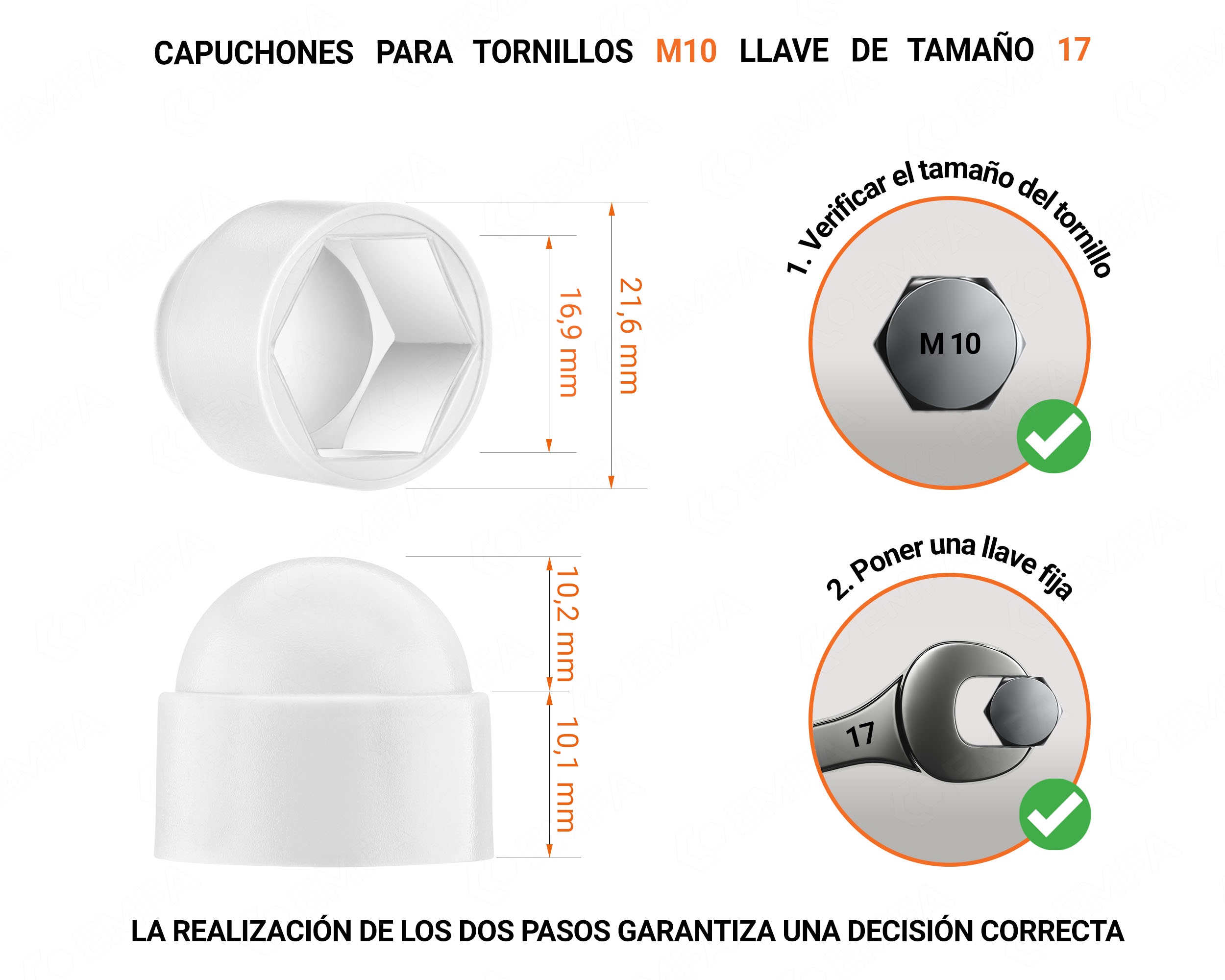 Tuerca de sombrerete de plástico para tornillo M10, tapa de tuerca M10 y llave de 17 mm en color Blanco con dimensiones y guía para la correcta medición del sombrerete de plástico.