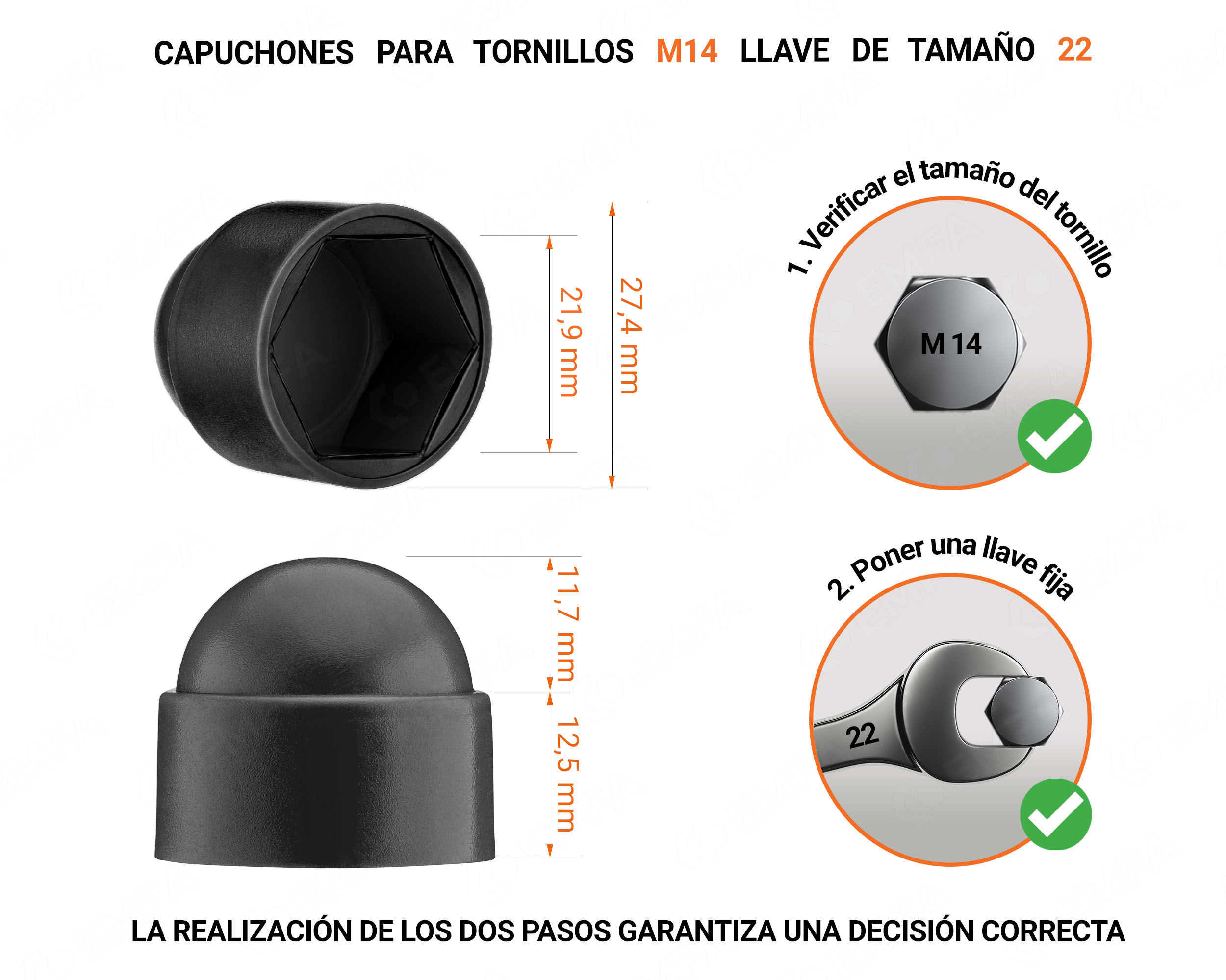 Tuerca de sombrerete de plástico para tornillo M14, tapa de tuerca M14 y llave de 22 mm en color Negro con dimensiones y guía para la correcta medición del sombrerete de plástico.