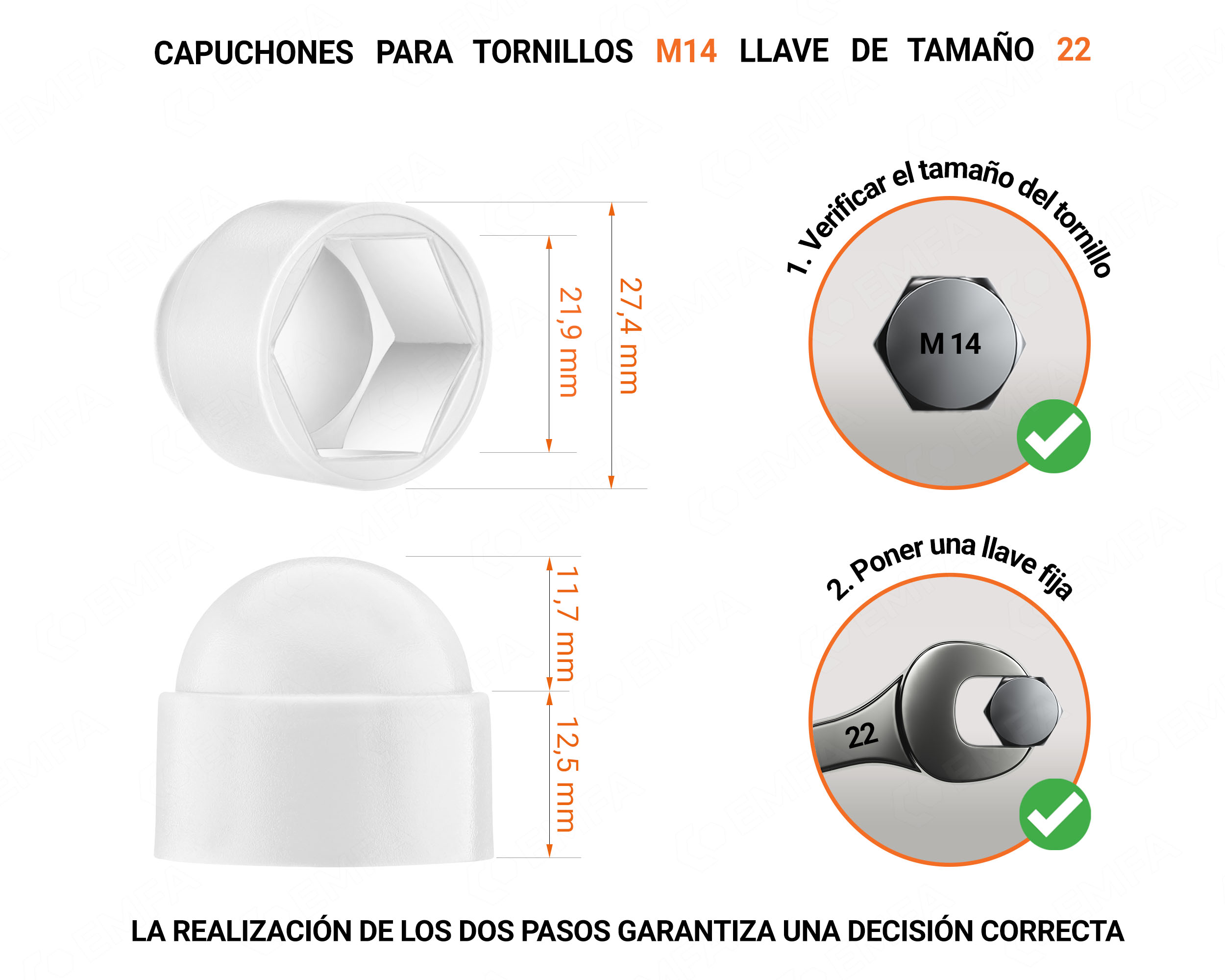 Tuerca de sombrerete de plástico para tornillo M14, tapa de tuerca M14 y llave de 22 mm en color Blanco con dimensiones y guía para la correcta medición del sombrerete de plástico.