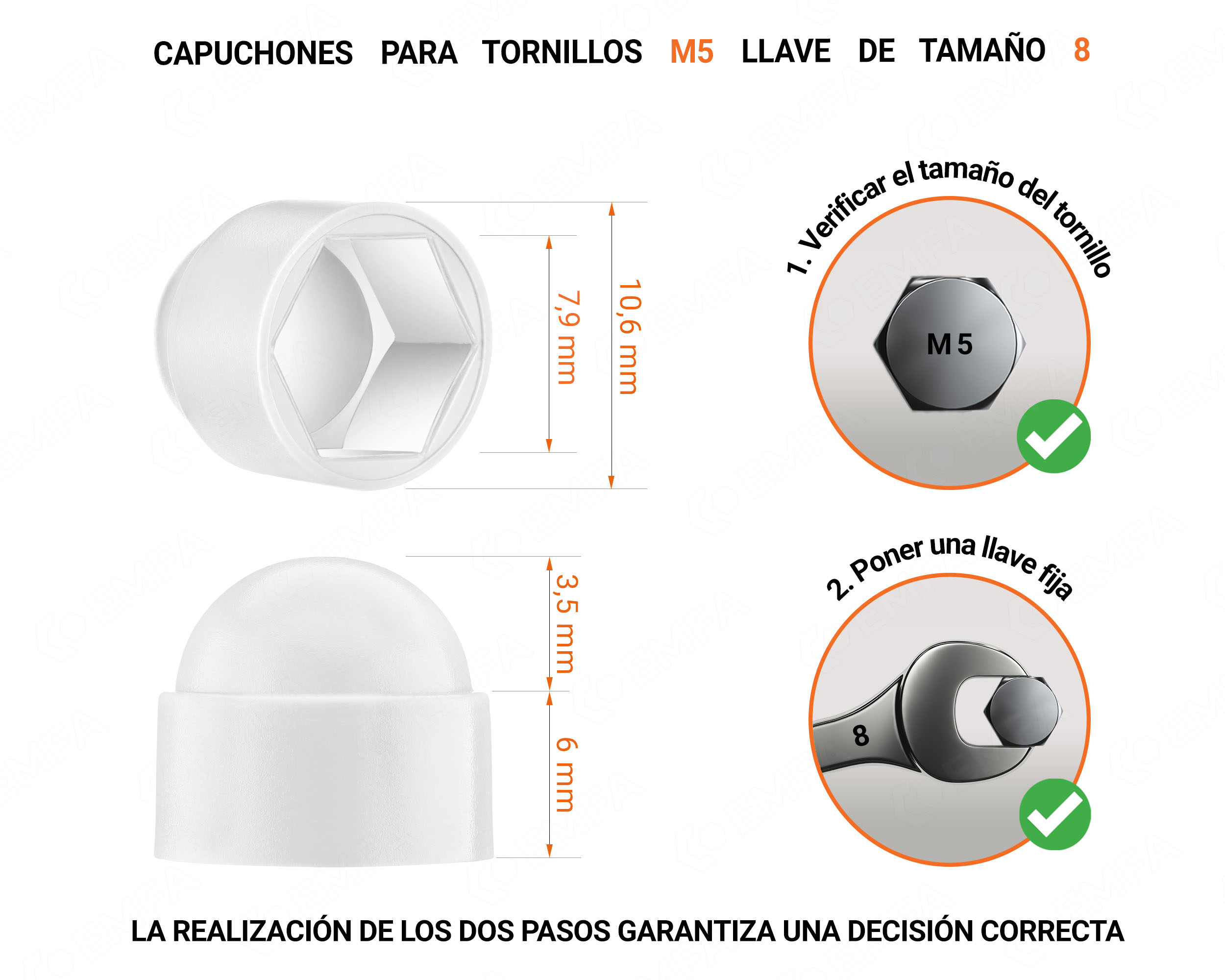 Tuerca de sombrerete de plástico para tornillo M5, tapa de tuerca M5 y llave de 8 mm en color Blanco con dimensiones y guía para la correcta medición del sombrerete de plástico.