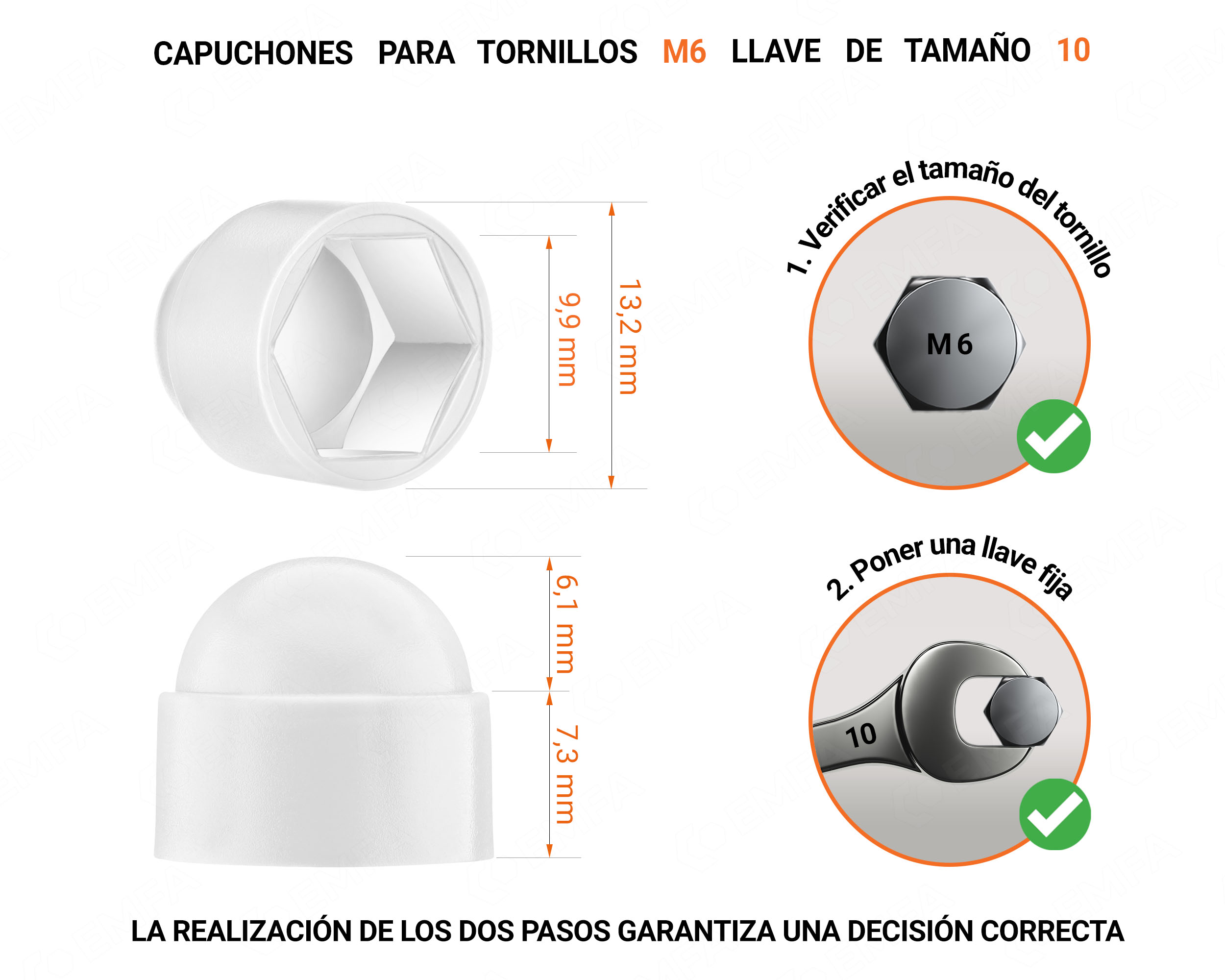 Tuerca de sombrerete de plástico para tornillo M6, tapa de tuerca M6 y llave de 10 mm en color Blanco con dimensiones y guía para la correcta medición del sombrerete de plástico.