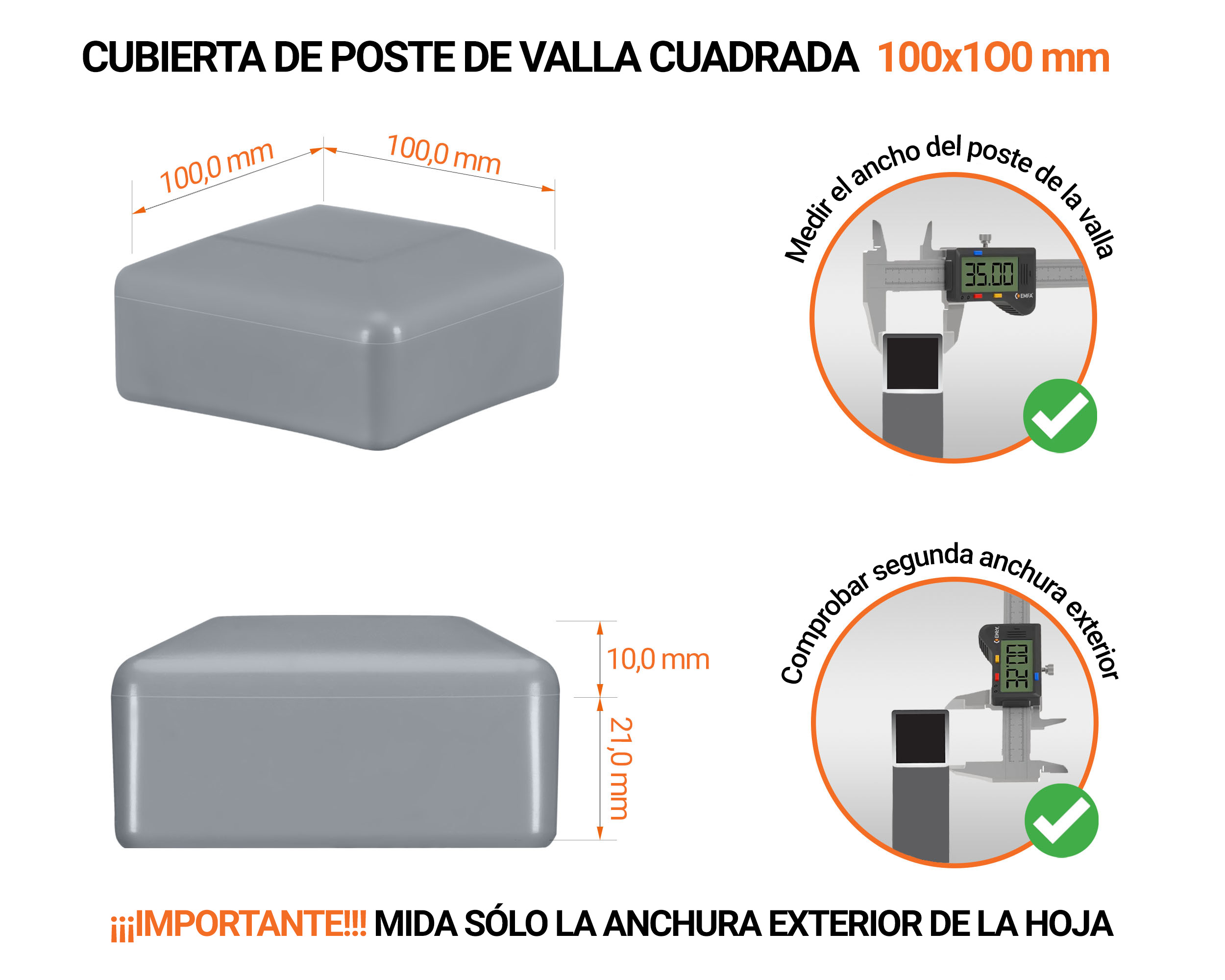 Tapones de plástico Gris para postes de valla cuadrados. Tapa de plástico para postes de 100x100 mm. Tabla de dimensiones y guía para la correcta medición de la tapa del poste de la cerca.