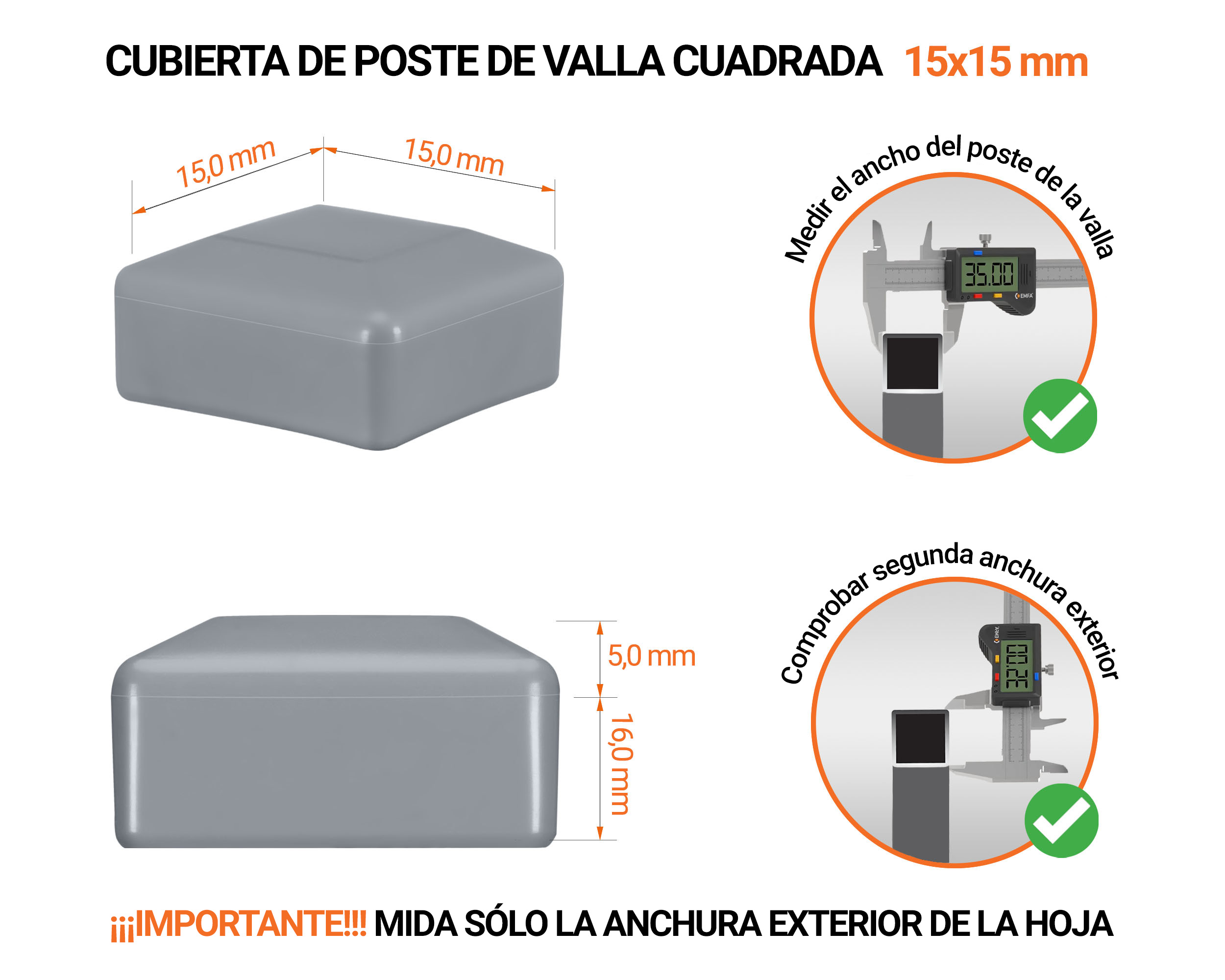 Tapones de plástico Gris para postes de valla cuadrados. Tapa de plástico para postes de 15x15 mm. Tabla de dimensiones y guía para la correcta medición de la tapa del poste de la cerca.