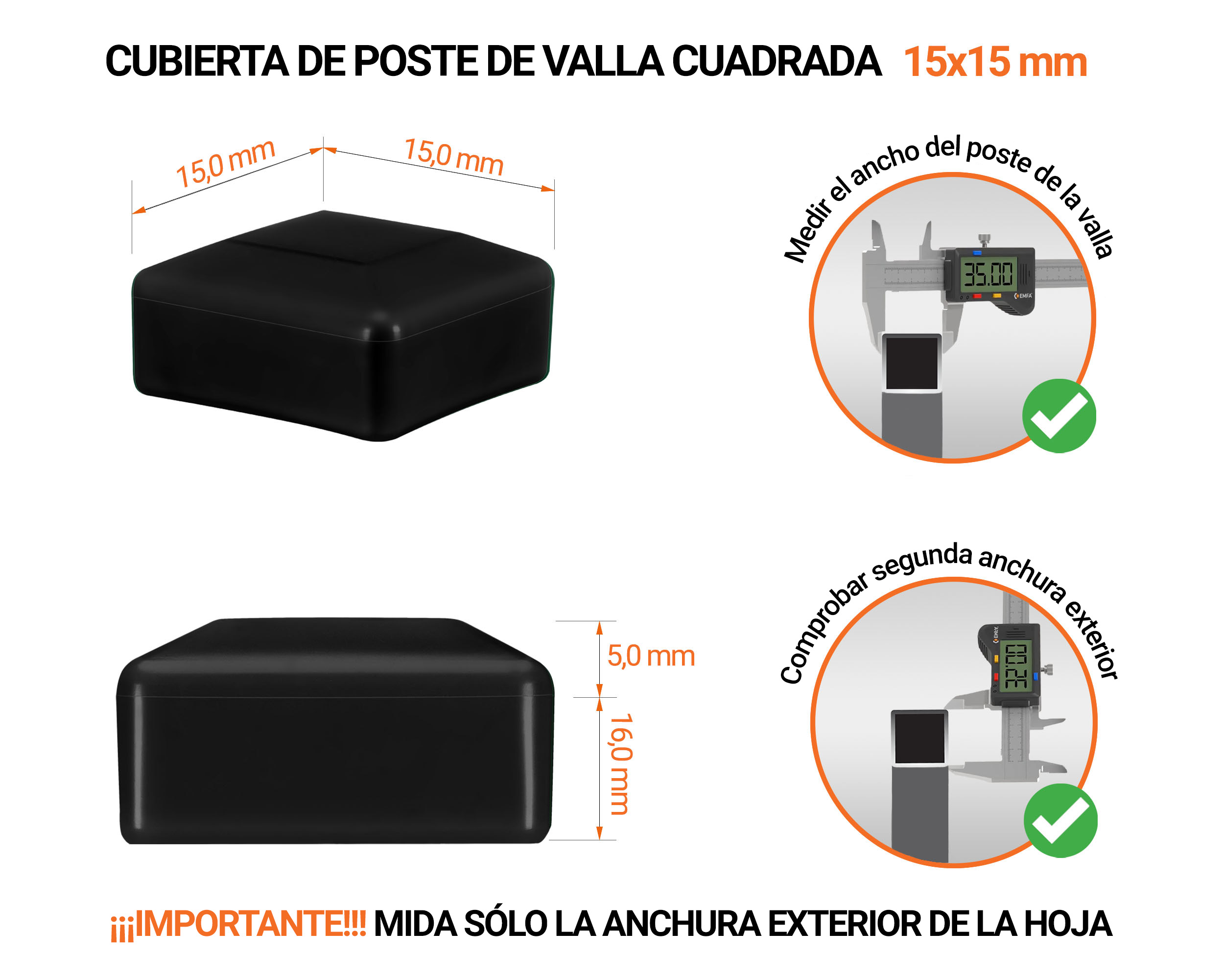 Tapones de plástico Negro para postes de valla cuadrados. Tapa de plástico para postes de 15x15 mm. Tabla de dimensiones y guía para la correcta medición de la tapa del poste de la cerca.