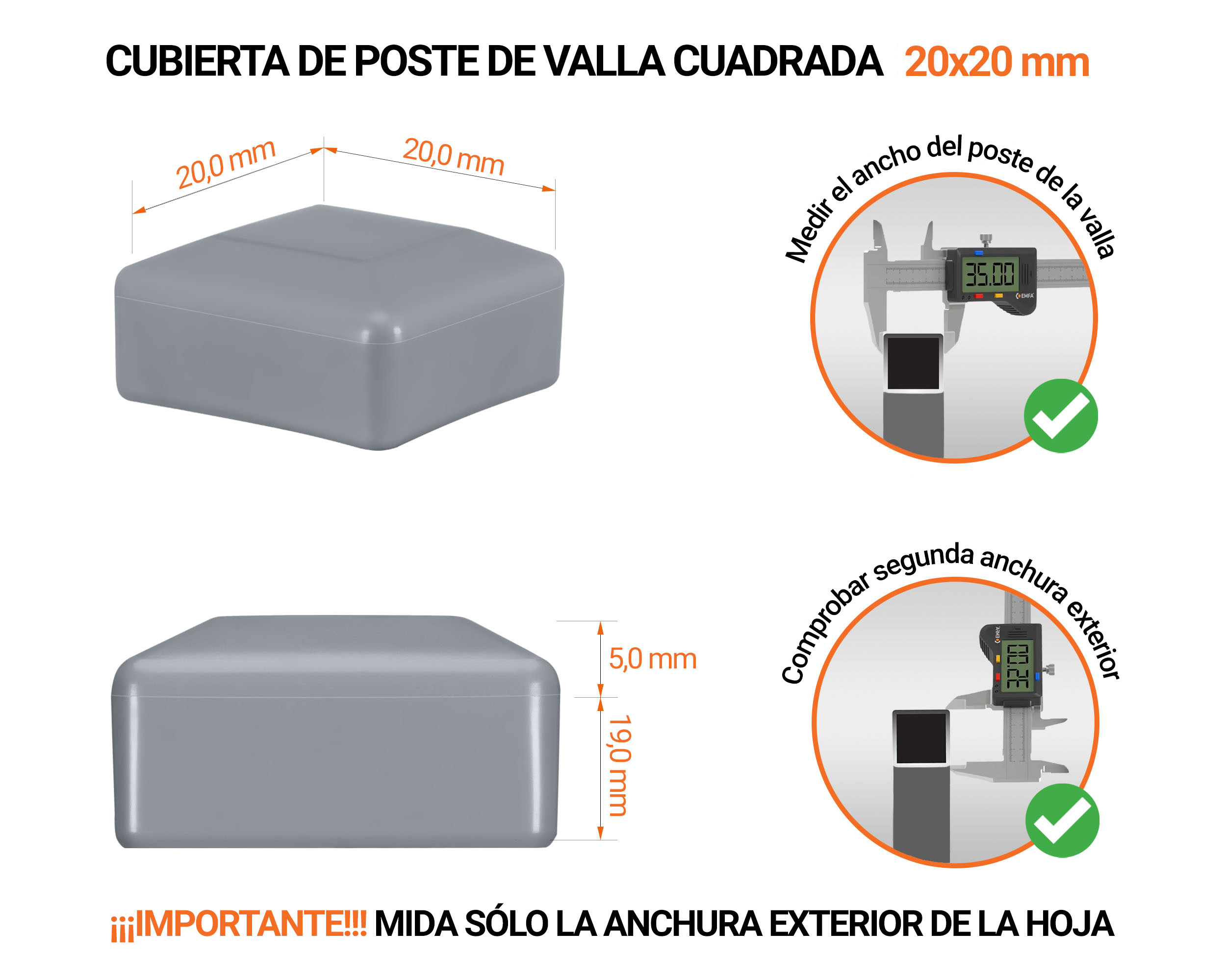 Tapones de plástico Gris para postes de valla cuadrados. Tapa de plástico para postes de 20x20 mm. Tabla de dimensiones y guía para la correcta medición de la tapa del poste de la cerca.