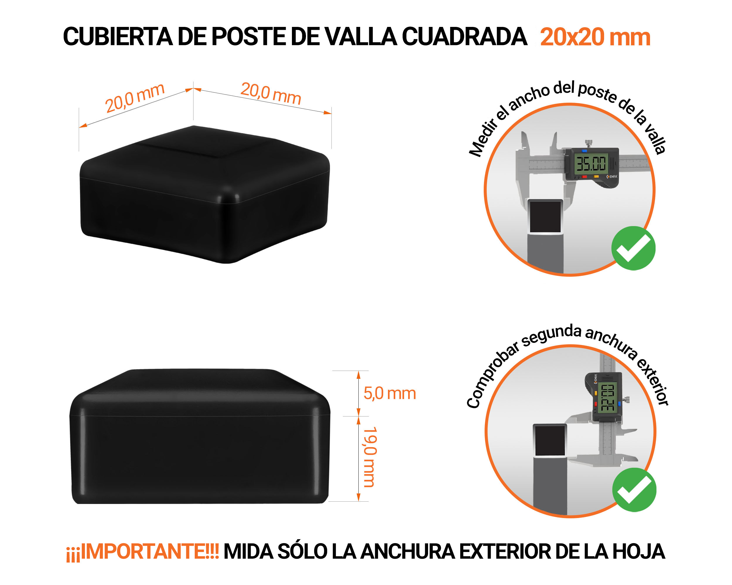 Tapones de plástico Negro para postes de valla cuadrados. Tapa de plástico para postes de 20x20 mm. Tabla de dimensiones y guía para la correcta medición de la tapa del poste de la cerca.