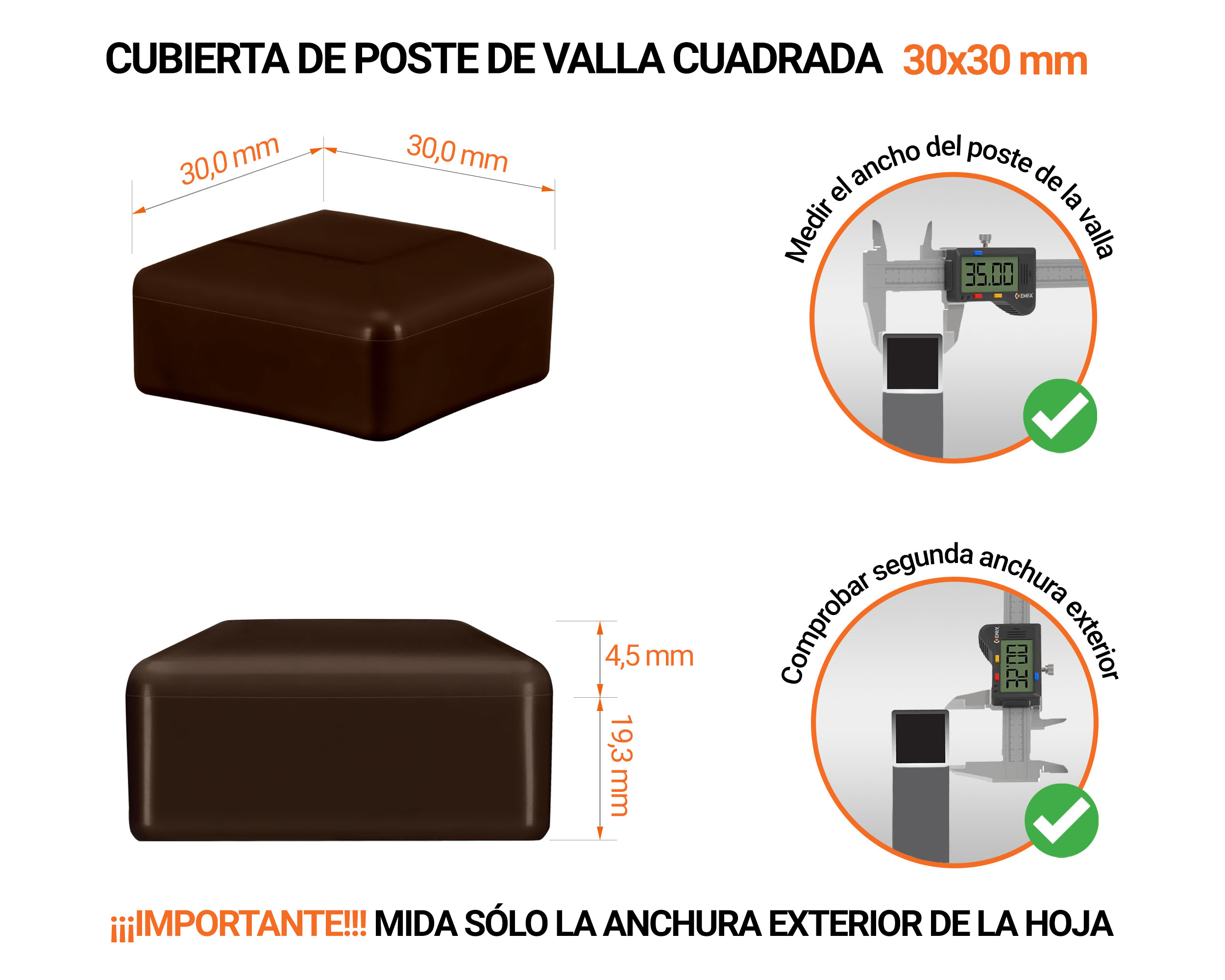 Tapones de plástico Marrón para postes de valla cuadrados. Tapa de plástico para postes de 30x30 mm. Tabla de dimensiones y guía para la correcta medición de la tapa del poste de la cerca.