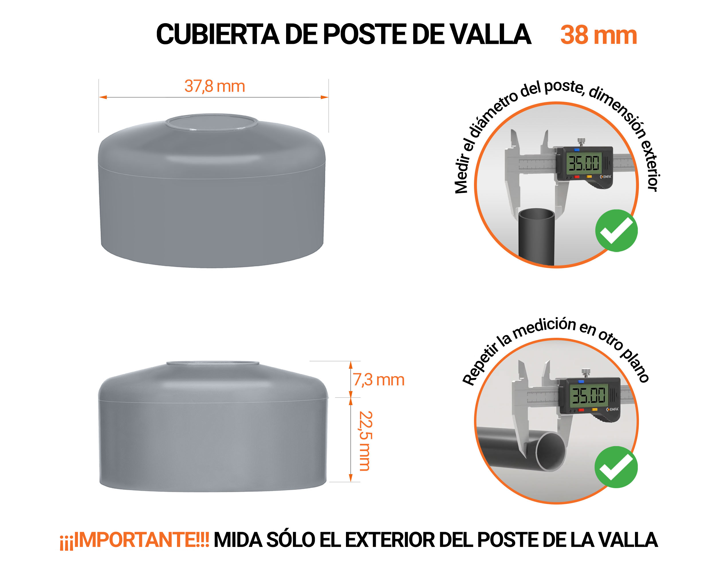 Tapa de poste redonda de 38 mm de diámetro exterior con dimensiones e instrucciones para su correcta medición