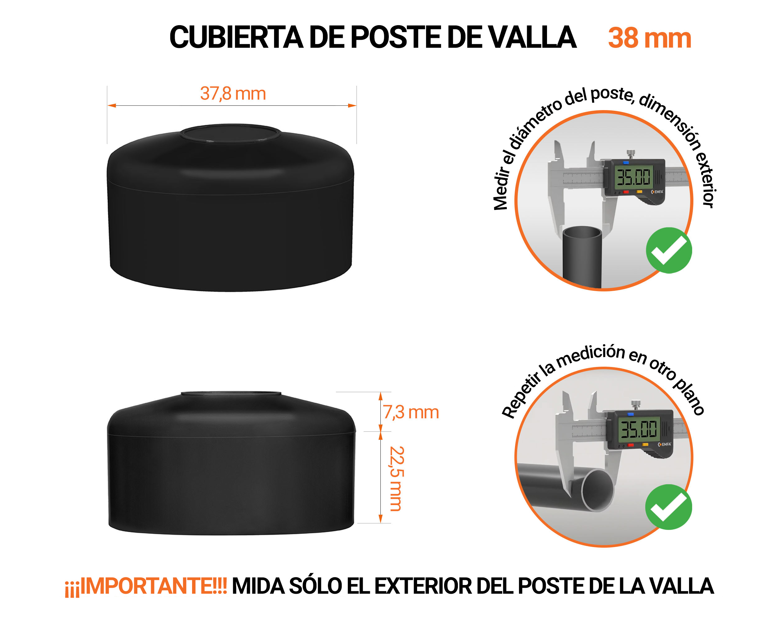 Tapa de poste redonda de 38 mm de diámetro exterior con dimensiones e instrucciones para su correcta medición