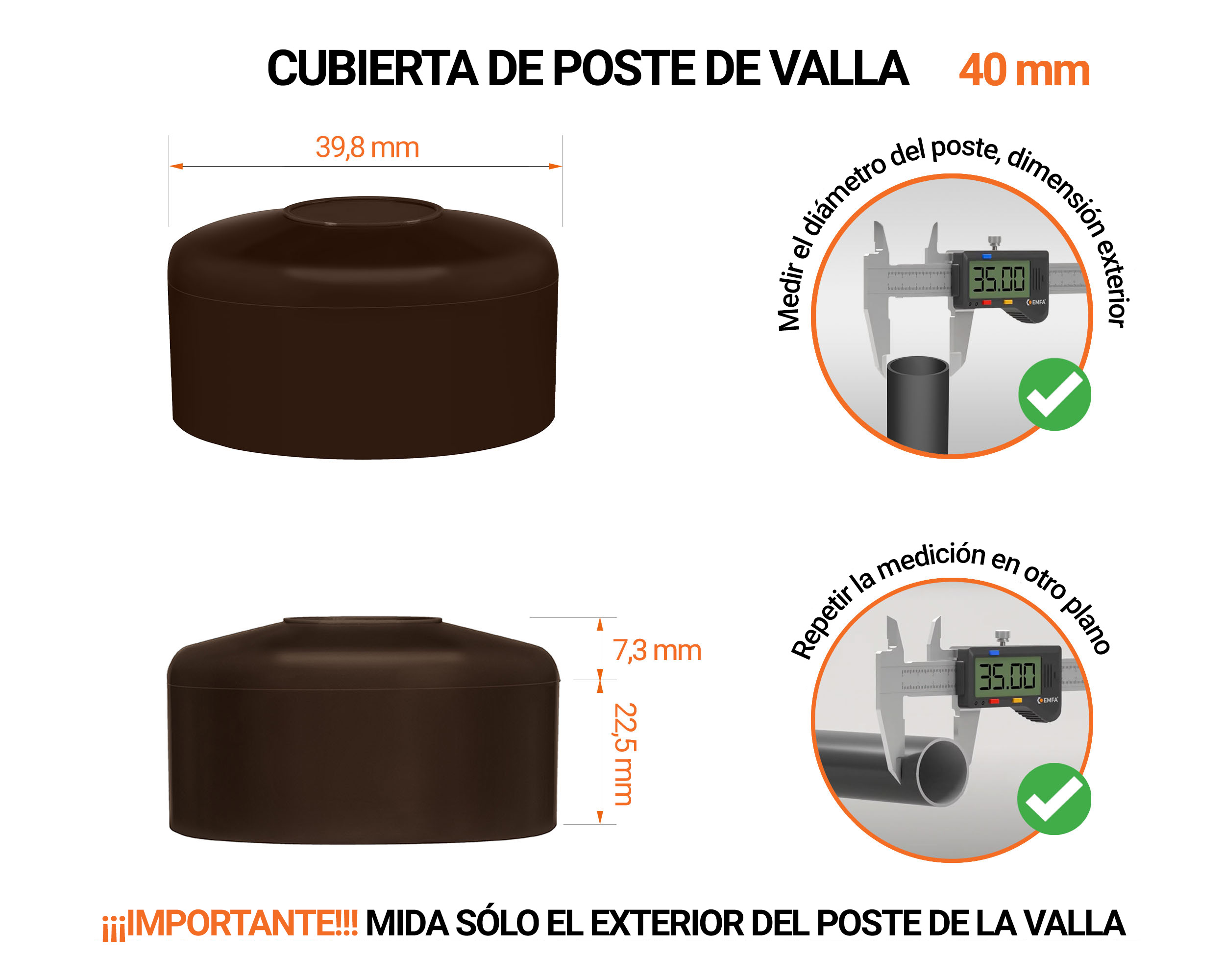 Tapa de poste redonda de 40 mm de diámetro exterior con dimensiones e instrucciones para su correcta medición