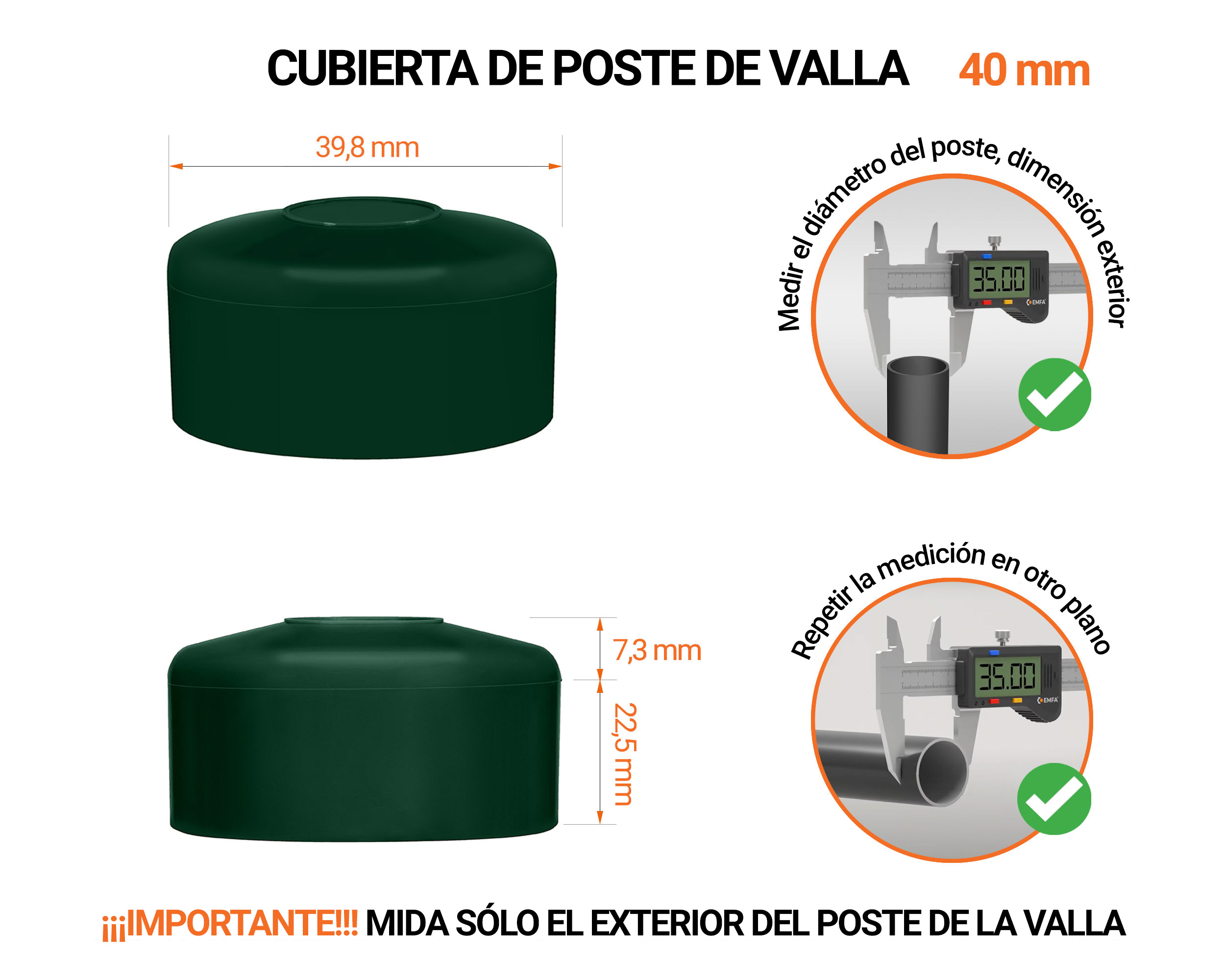 Tapa de poste redonda de 40 mm de diámetro exterior con dimensiones e instrucciones para su correcta medición