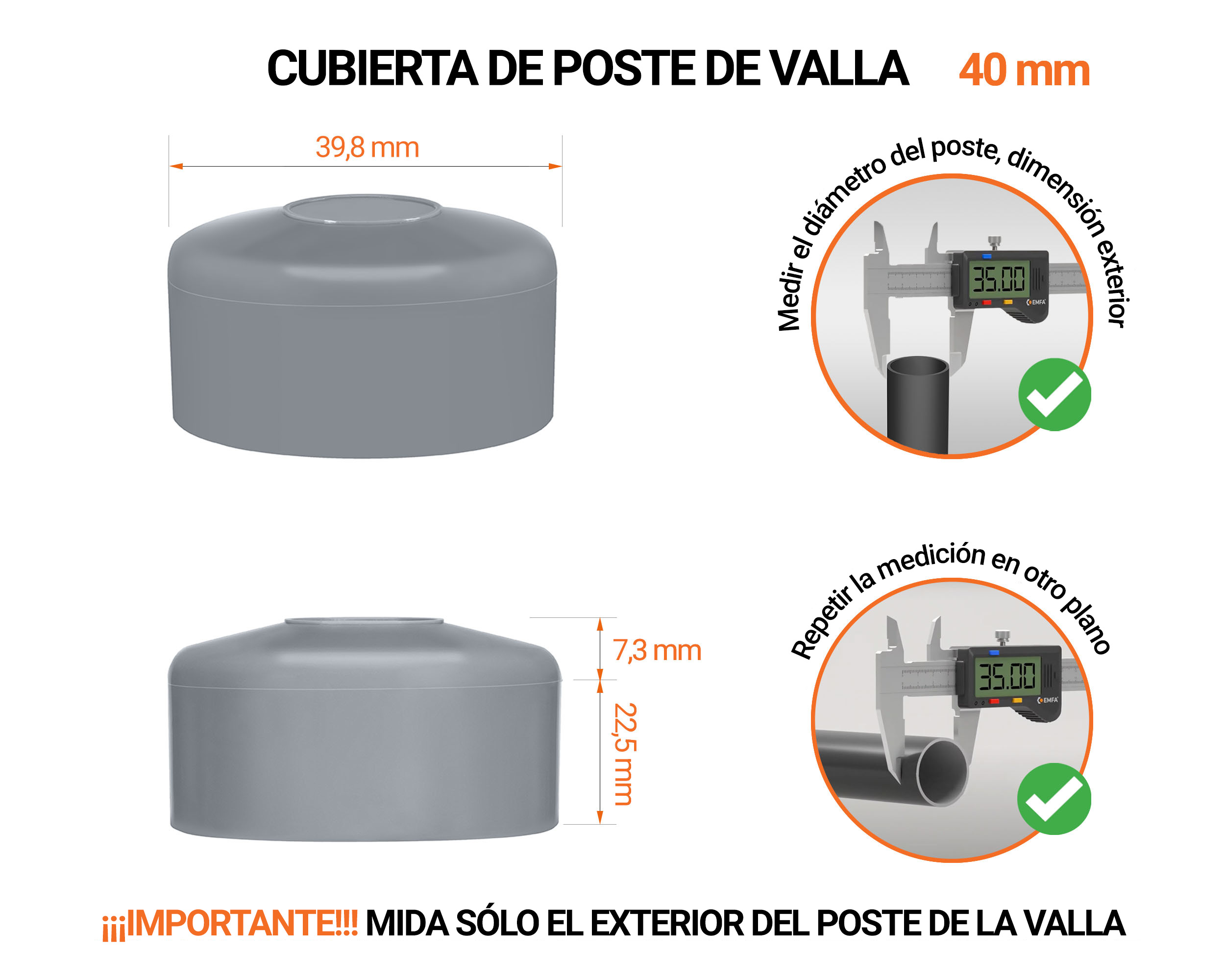 Tapa de poste redonda de 40 mm de diámetro exterior con dimensiones e instrucciones para su correcta medición