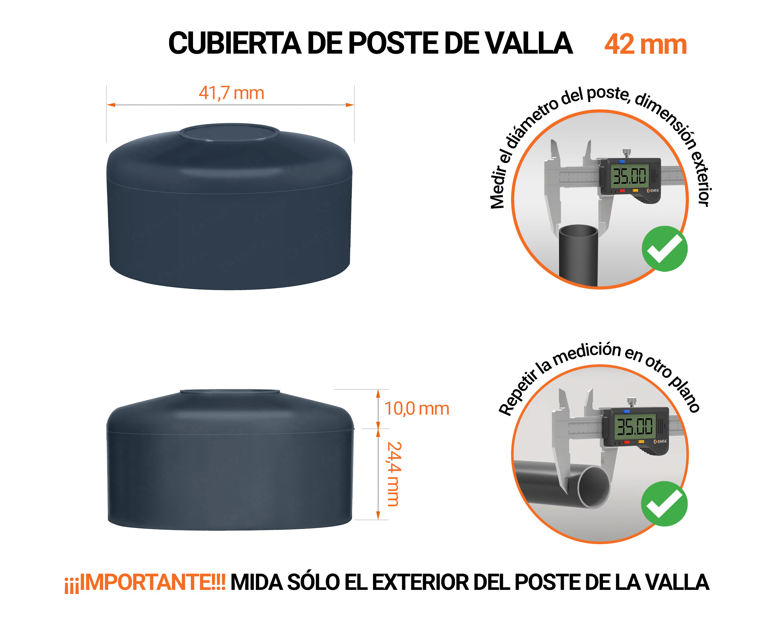 Tapa de poste redonda de 42 mm de diámetro exterior con dimensiones e instrucciones para su correcta medición