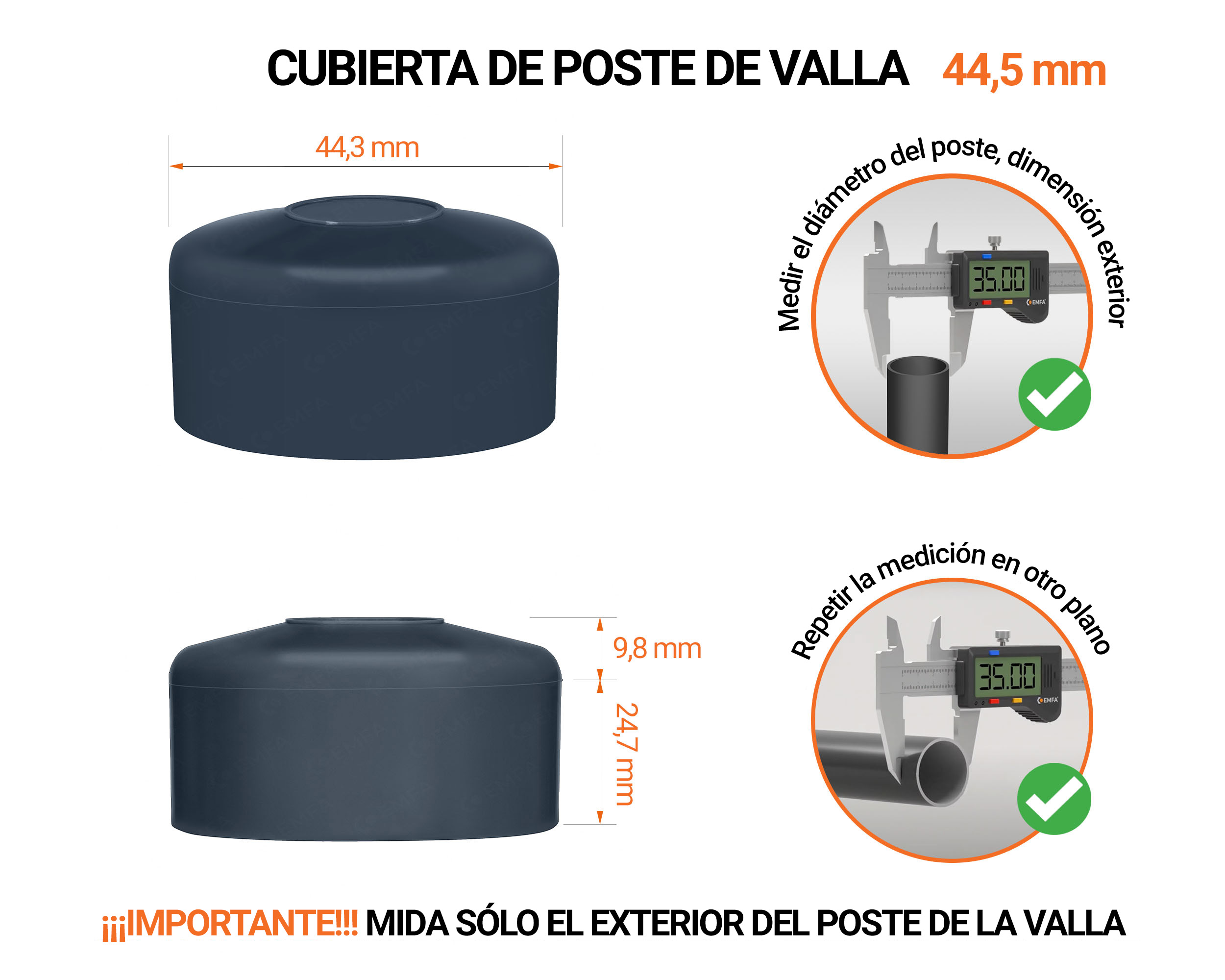 Tapa de poste redonda de 44,5 mm de diámetro exterior con dimensiones e instrucciones para su correcta medición