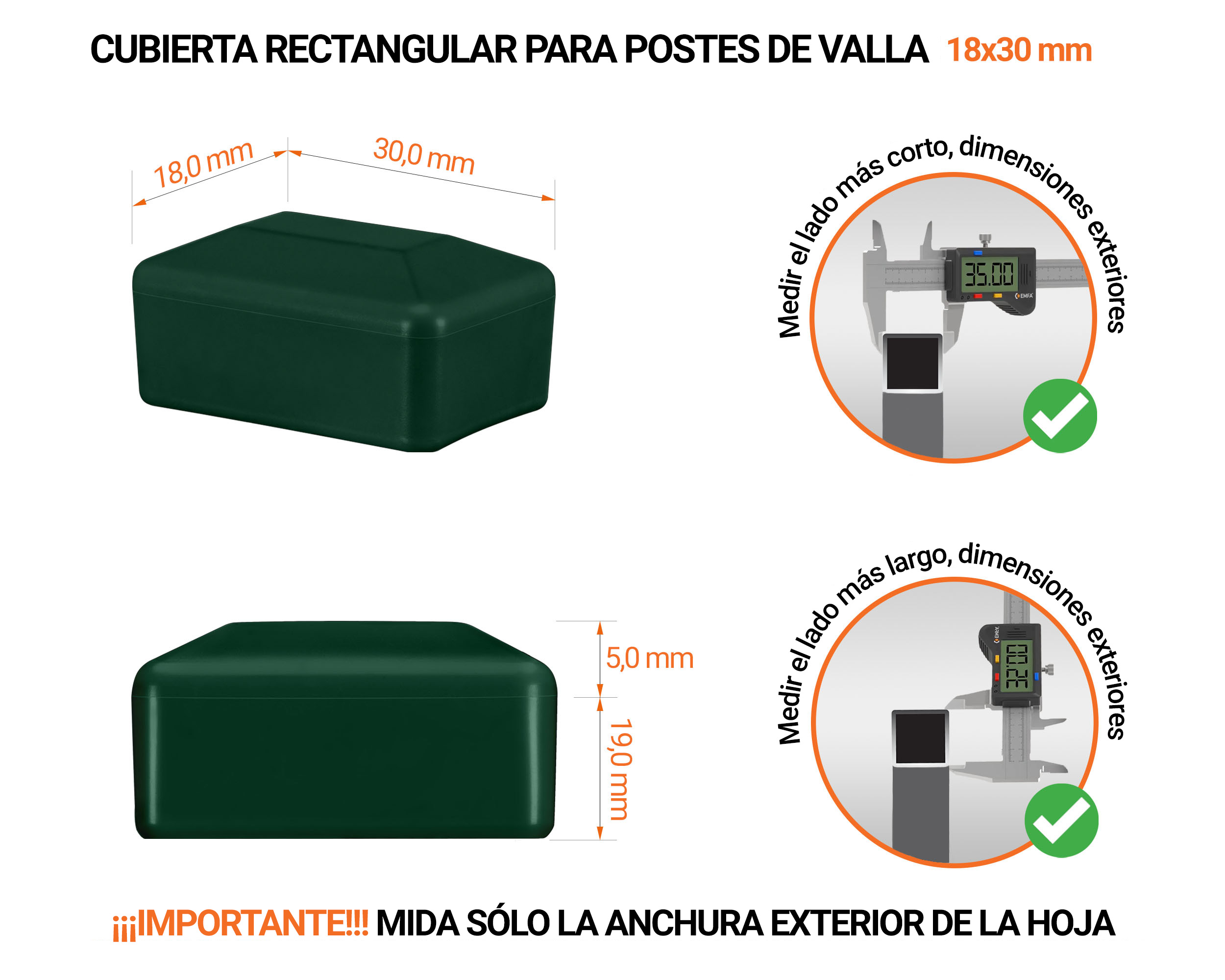 Tapa rectangular de plástico con un diámetro exterior de 30x18 mm con dimensiones e instrucciones para su correcta medición