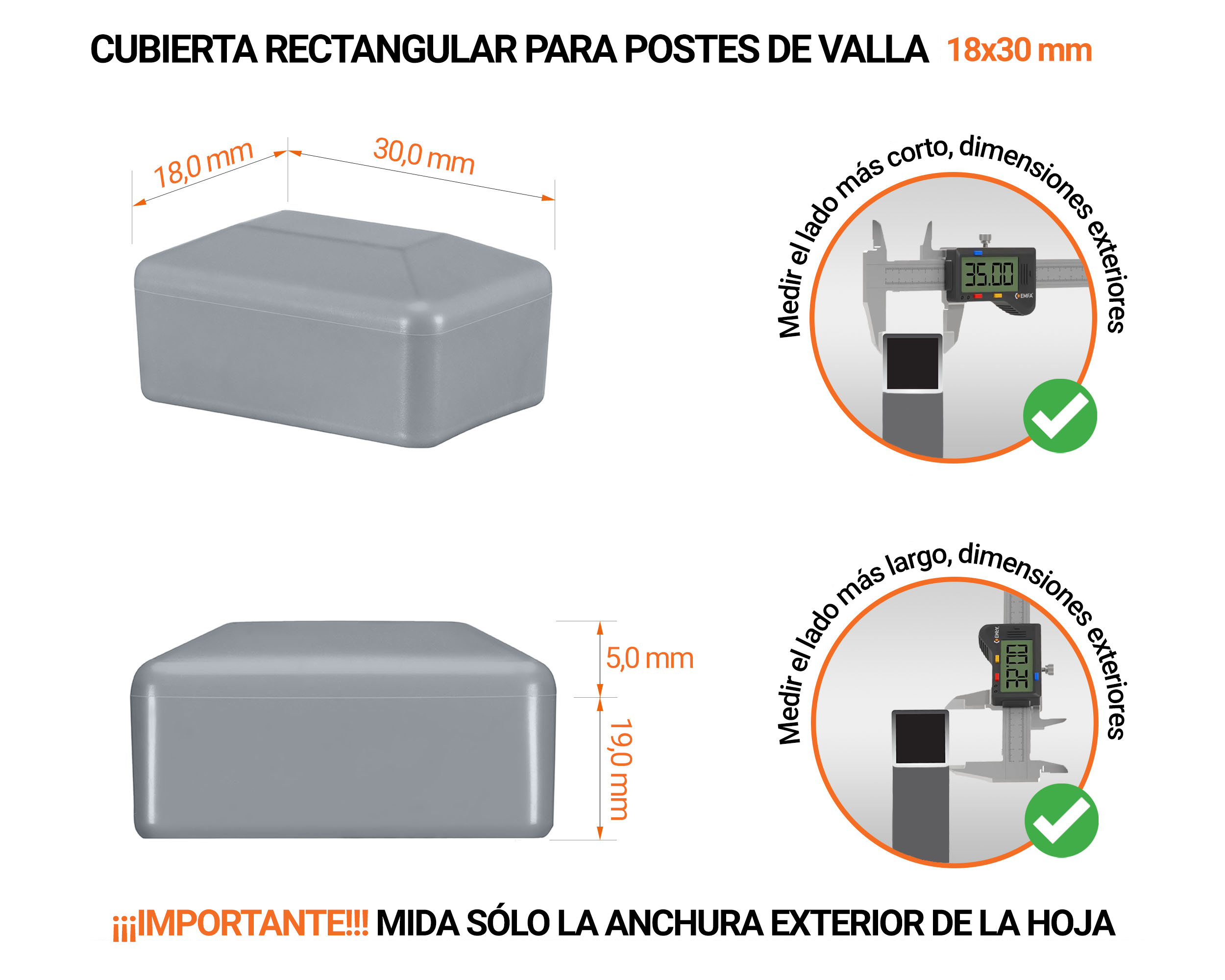 Tapa rectangular de plástico con un diámetro exterior de 30x18 mm con dimensiones e instrucciones para su correcta medición