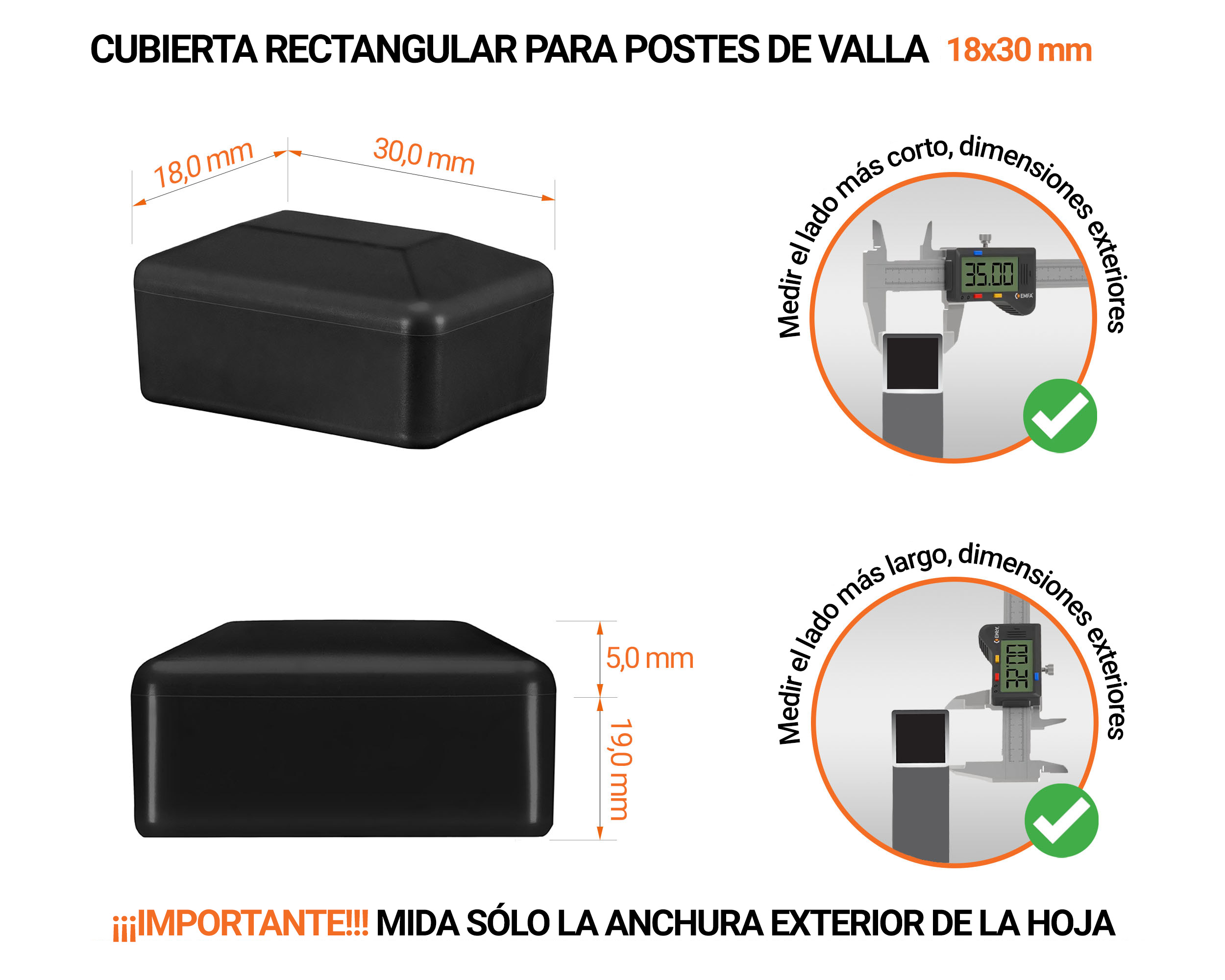 Tapa rectangular de plástico con un diámetro exterior de 30x18 mm con dimensiones e instrucciones para su correcta medición