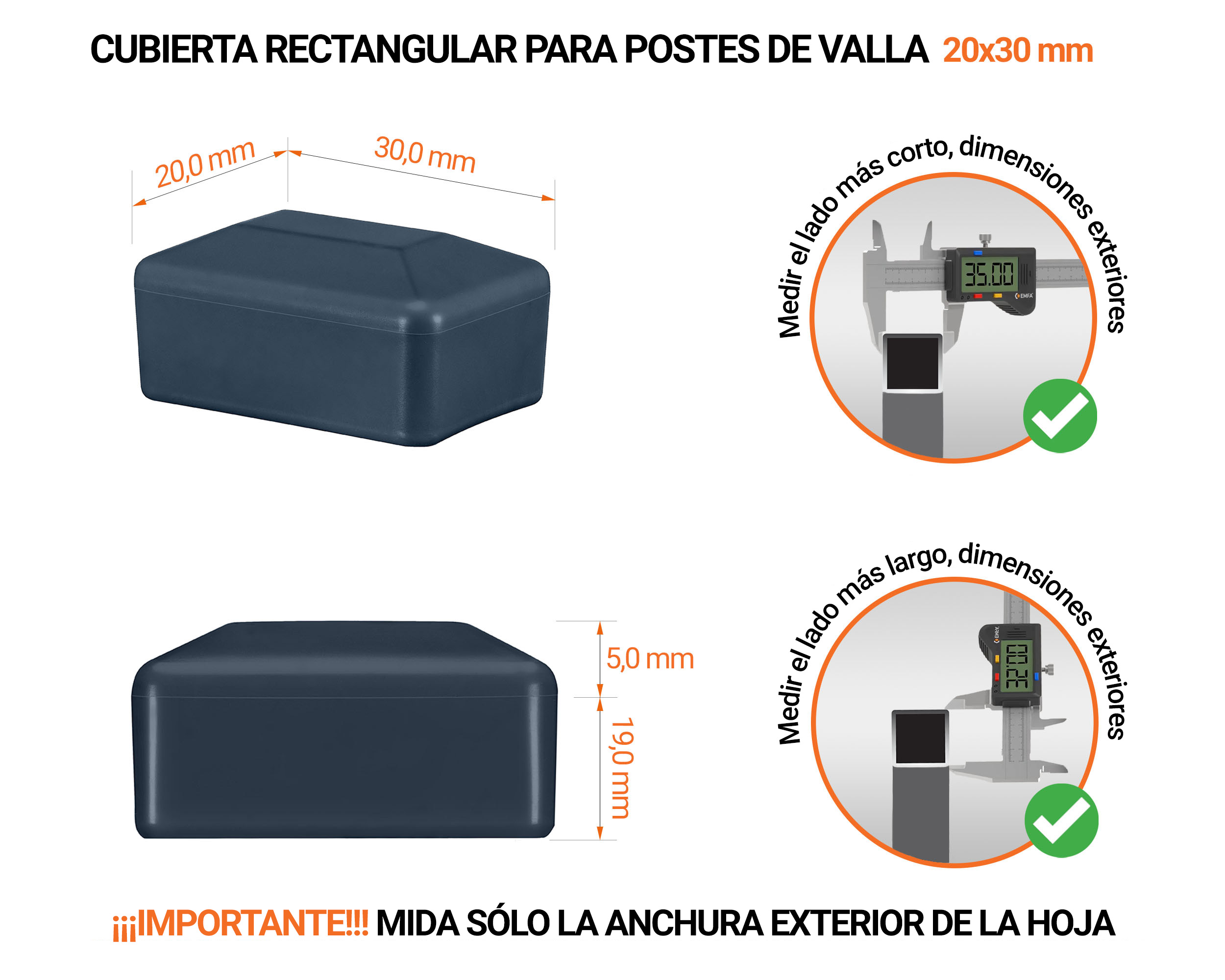 Tapa rectangular de plástico con un diámetro exterior de 30x20 mm con dimensiones e instrucciones para su correcta medición