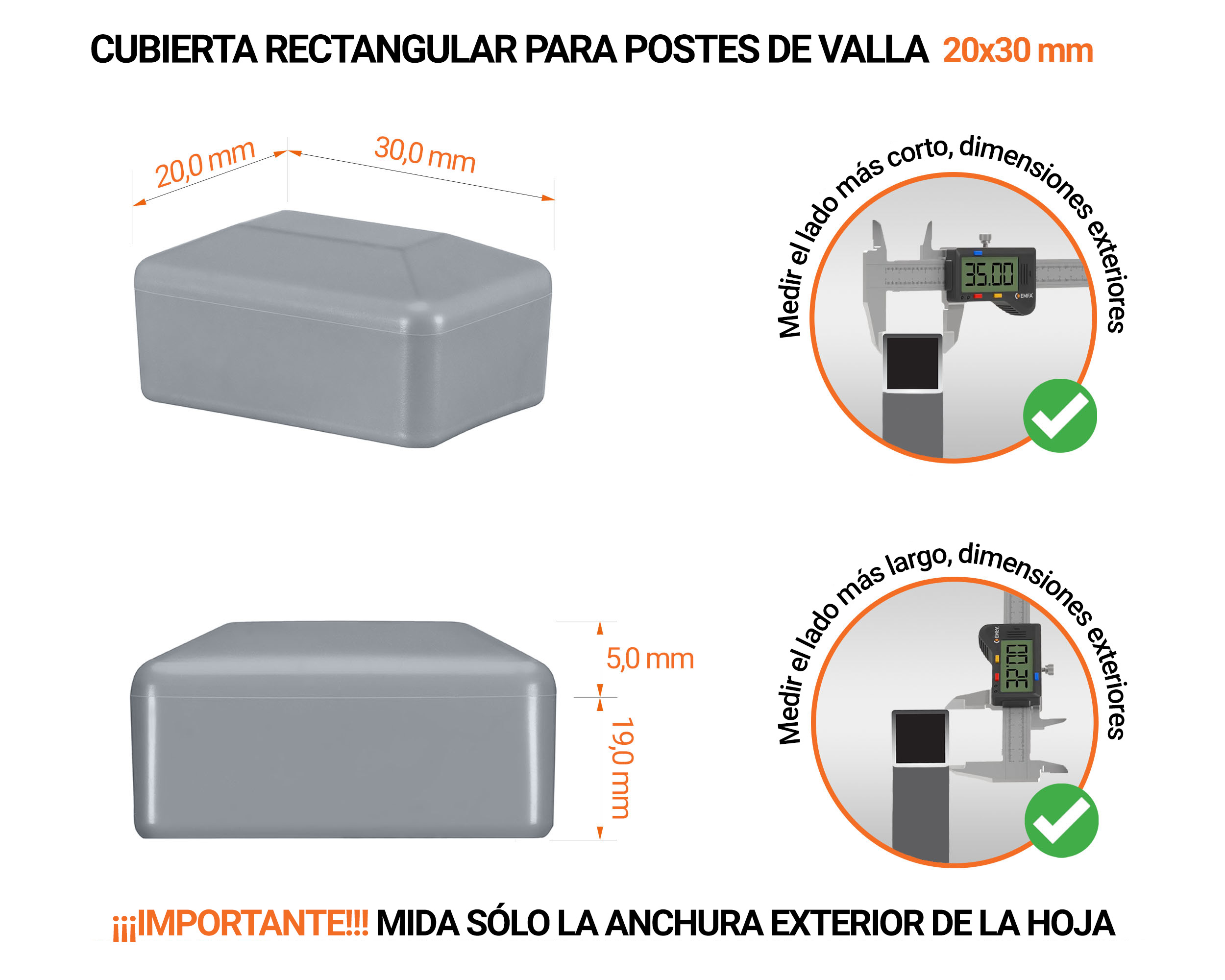 Tapa rectangular de plástico con un diámetro exterior de 30x20 mm con dimensiones e instrucciones para su correcta medición