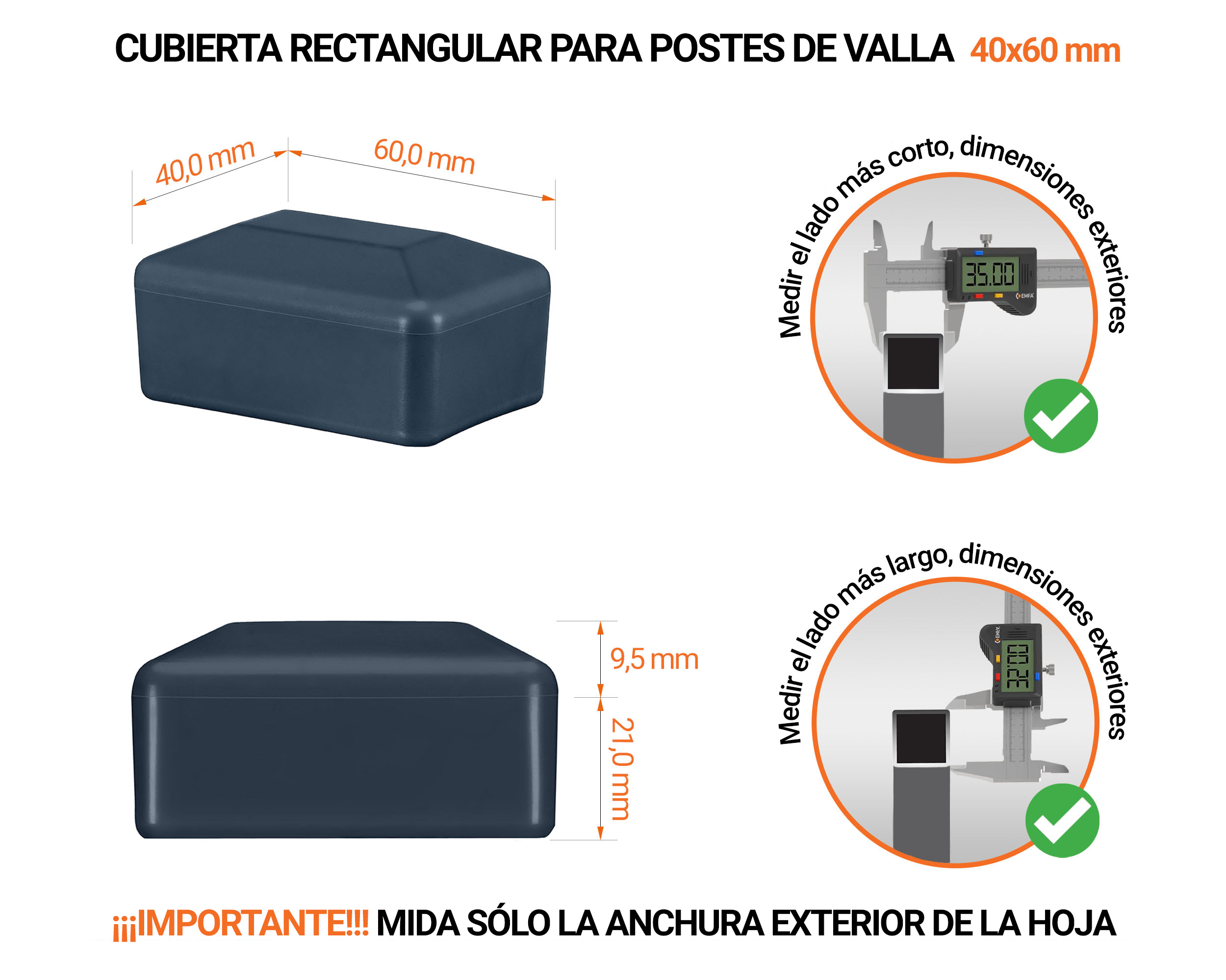 Tapa rectangular de plástico con un diámetro exterior de 60x40 mm con dimensiones e instrucciones para su correcta medición