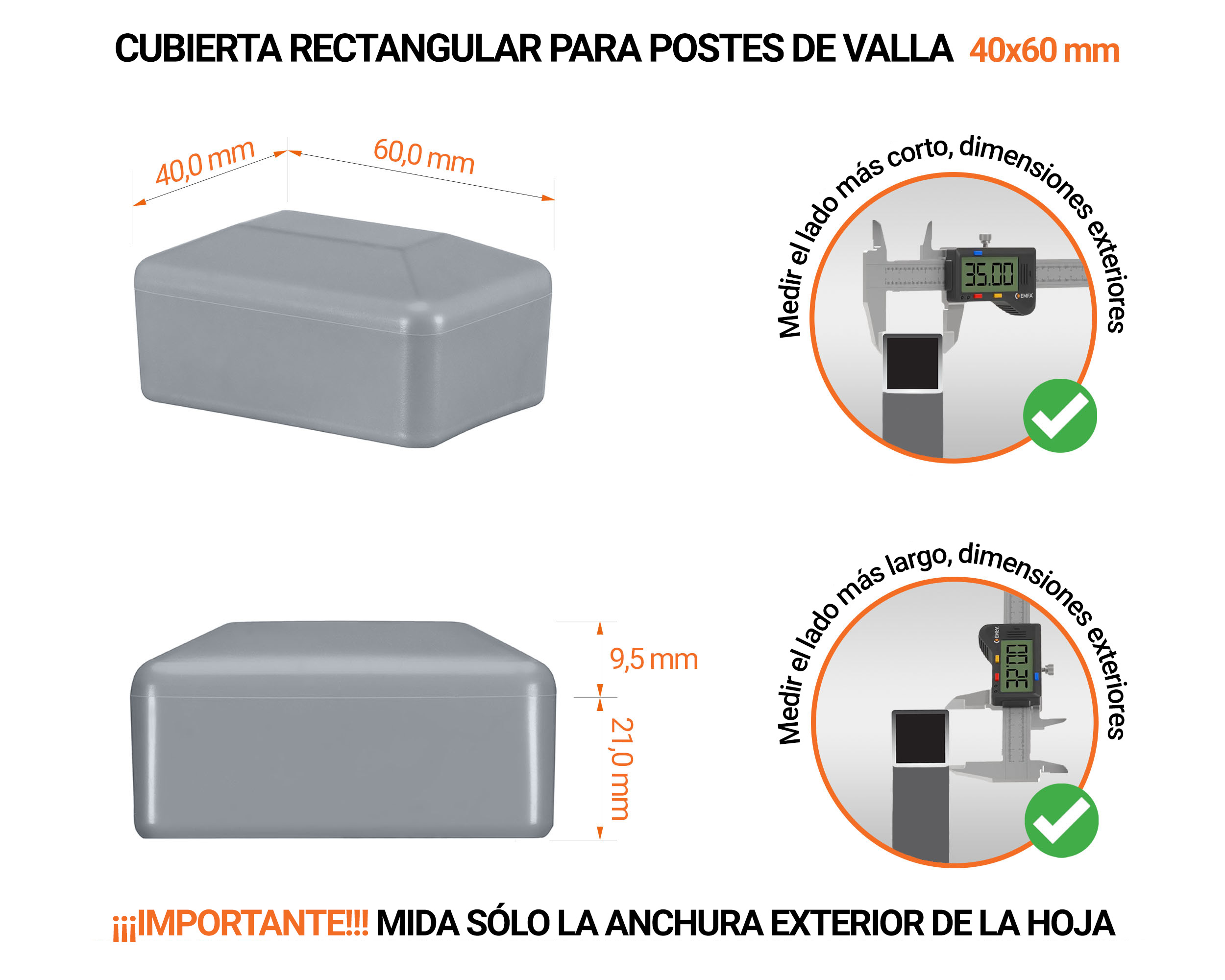 Tapa rectangular de plástico con un diámetro exterior de 60x40 mm con dimensiones e instrucciones para su correcta medición