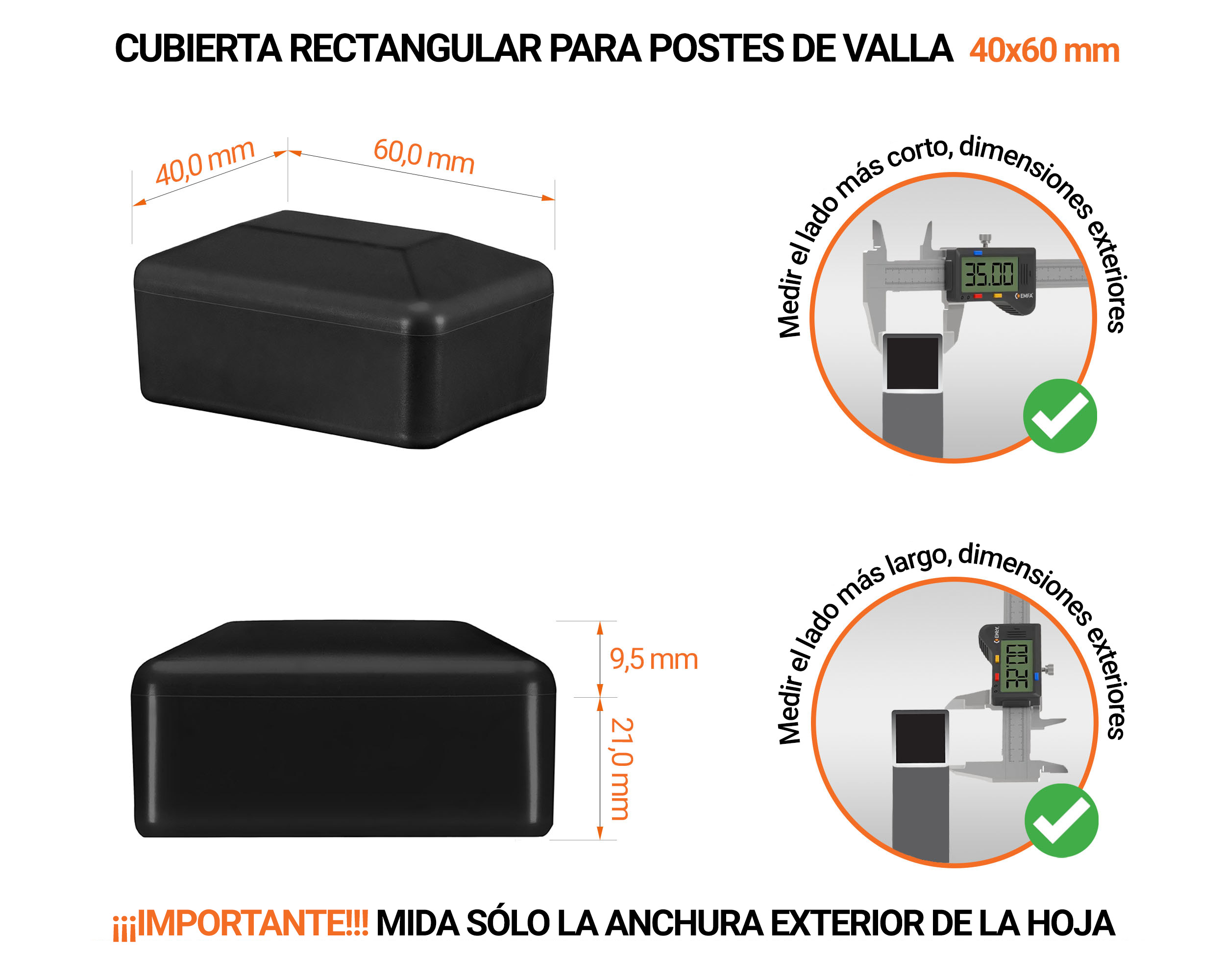 Tapa rectangular de plástico con un diámetro exterior de 60x40 mm con dimensiones e instrucciones para su correcta medición