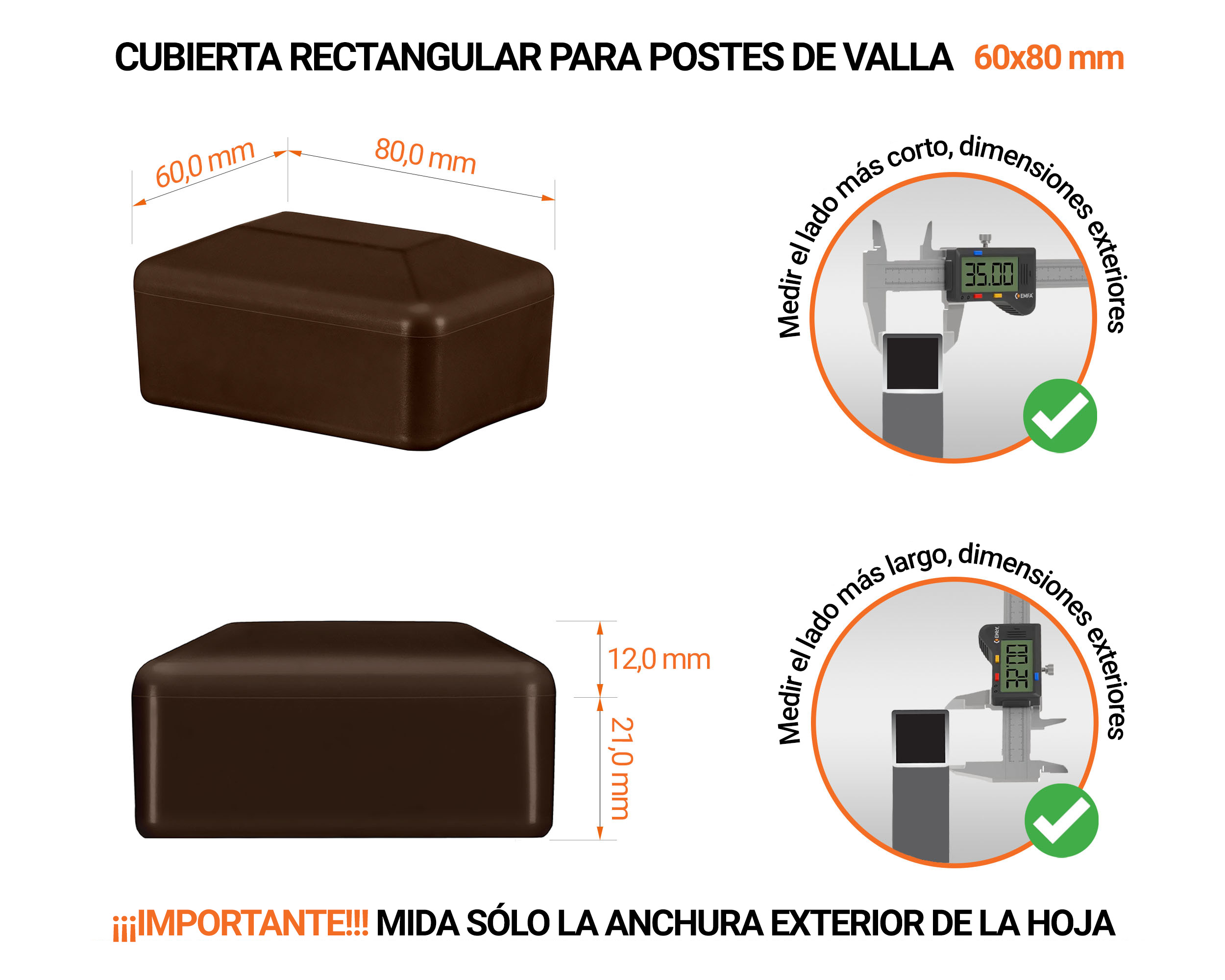 Tapa rectangular de plástico con un diámetro exterior de 80x60 mm con dimensiones e instrucciones para su correcta medición