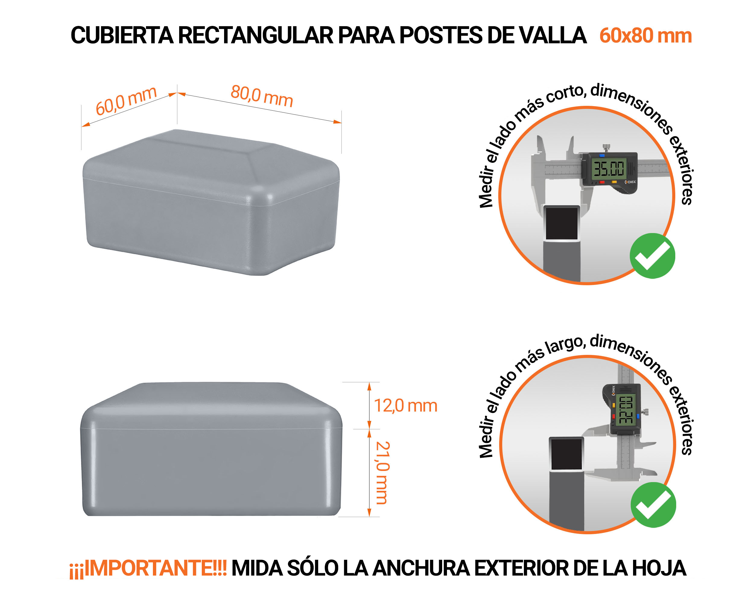 Tapa rectangular de plástico con un diámetro exterior de 80x60 mm con dimensiones e instrucciones para su correcta medición