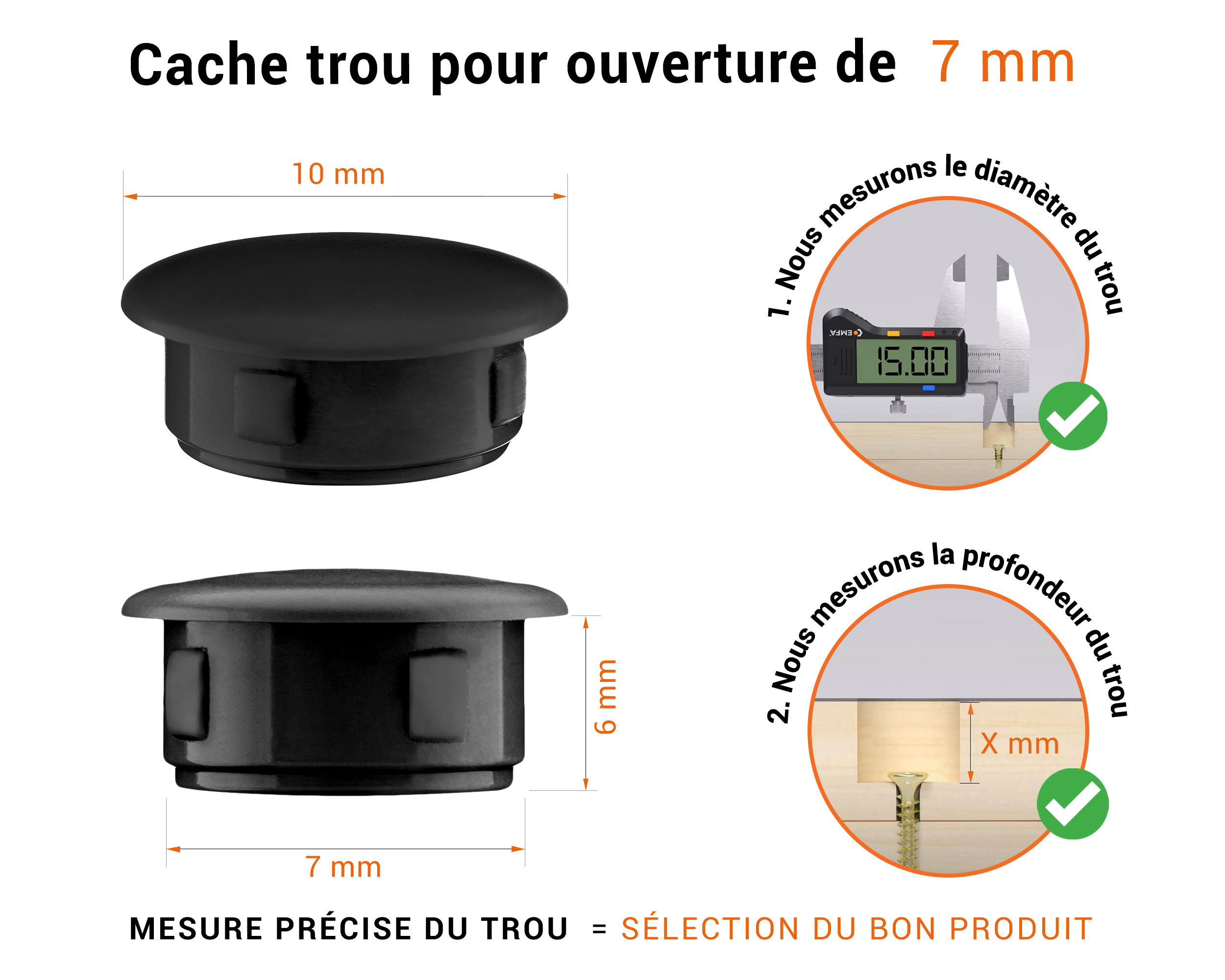 Bouchon obturateur en plastique noir pour trou de 7 mm tableau des dimensions techniques et guide pour une mesure correcte