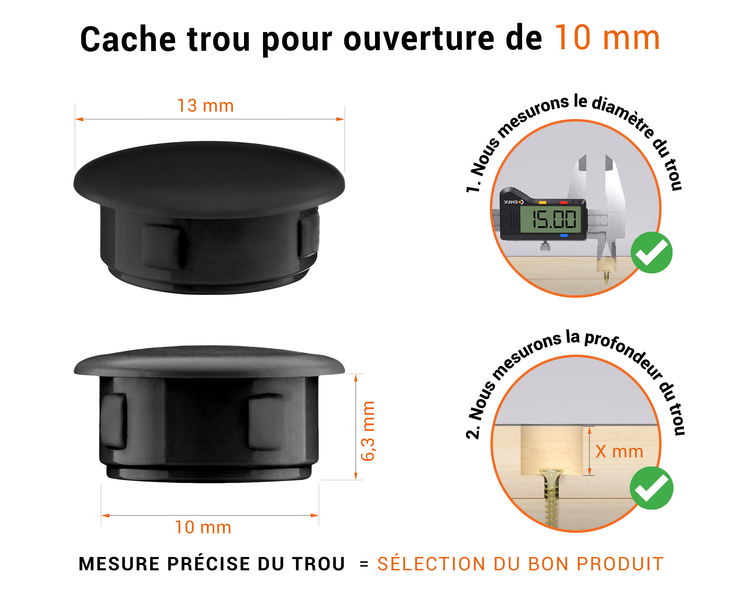 Bouchon obturateur en plastique noir pour trou de 10 mm tableau des dimensions techniques et guide pour une mesure correcte