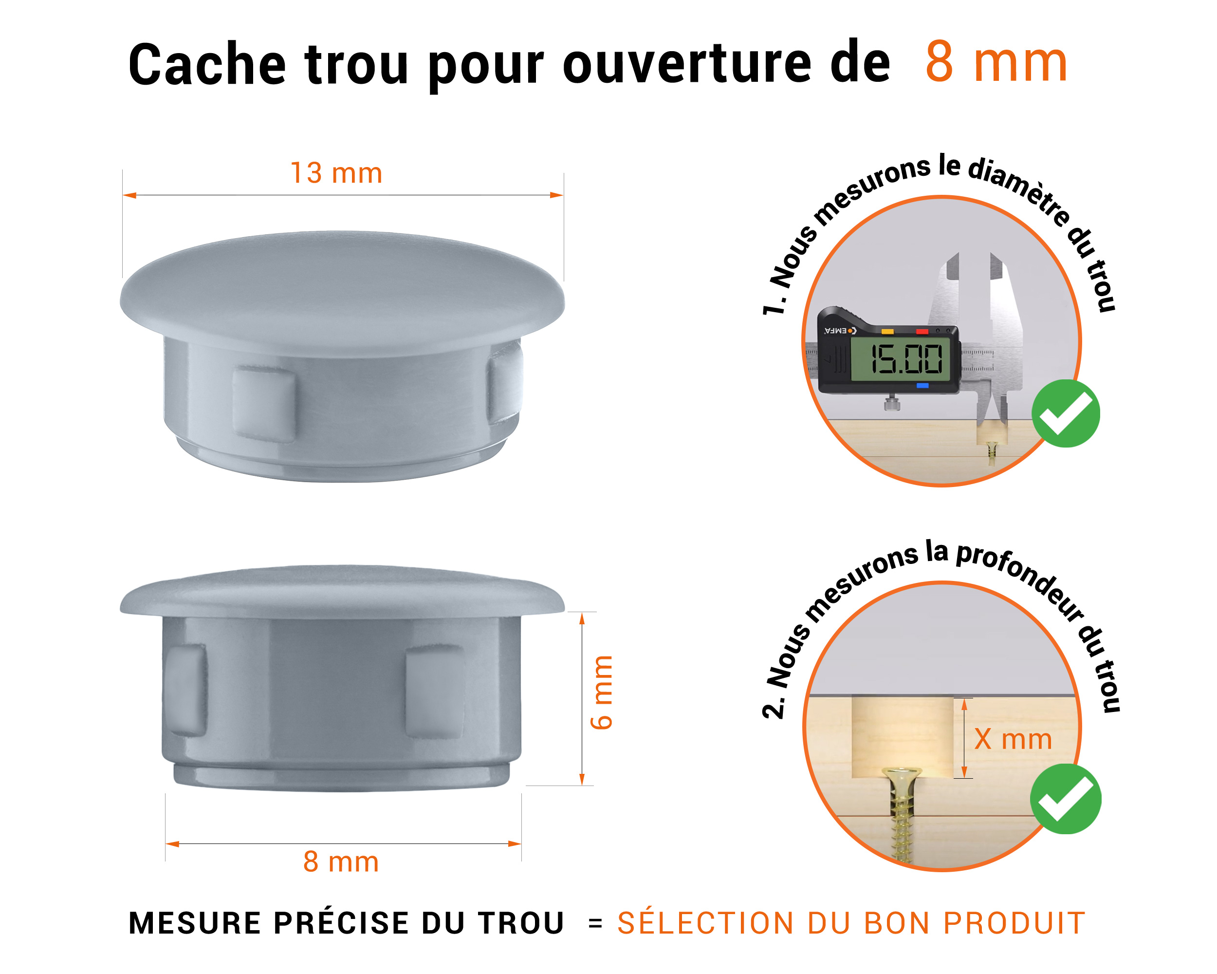 Bouchon obturateur en plastique gris pour trou de 8 mm tableau des dimensions techniques et guide pour une mesure correcte