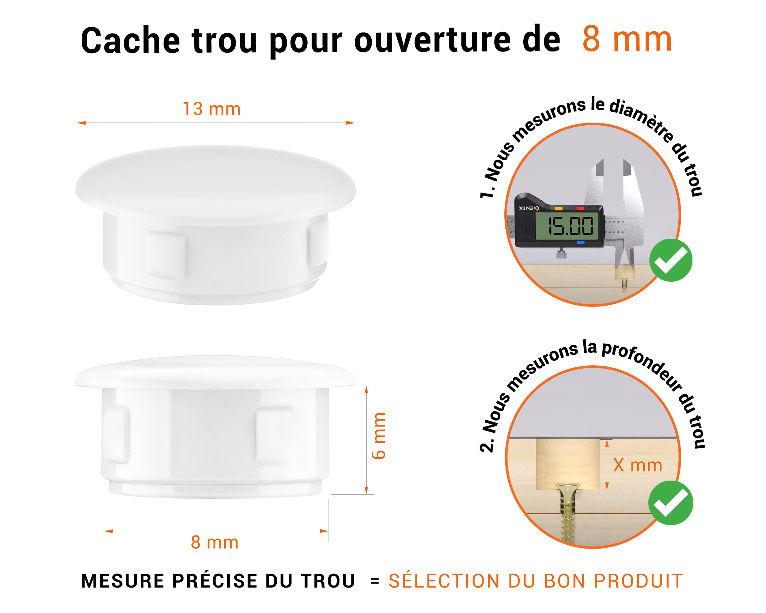 Bouchon obturateur en plastique blanc pour trou de 8 mm tableau des dimensions techniques et guide pour une mesure correcte