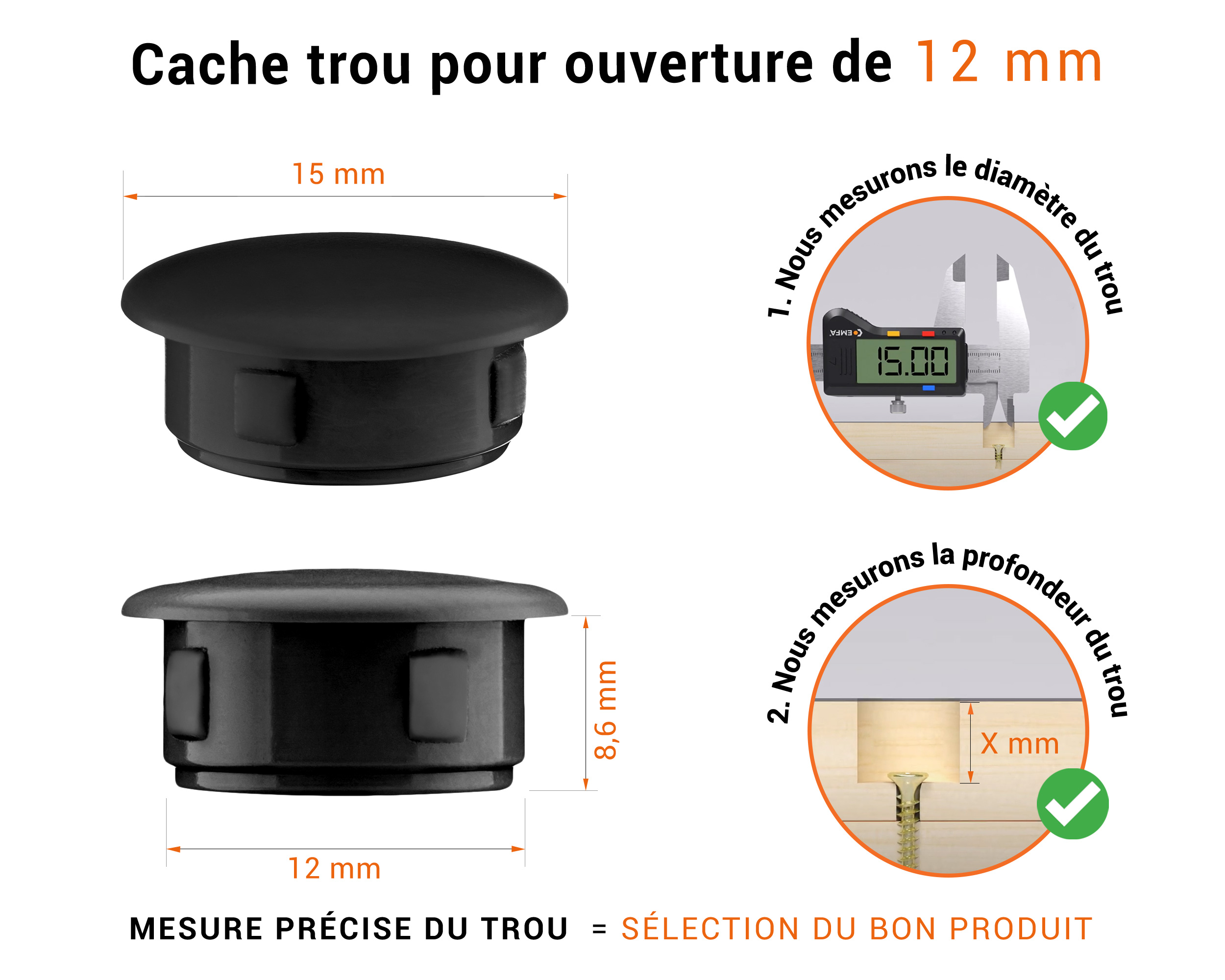 Bouchon obturateur en plastique noir pour trou de 12 mm tableau des dimensions techniques et guide pour une mesure correcte