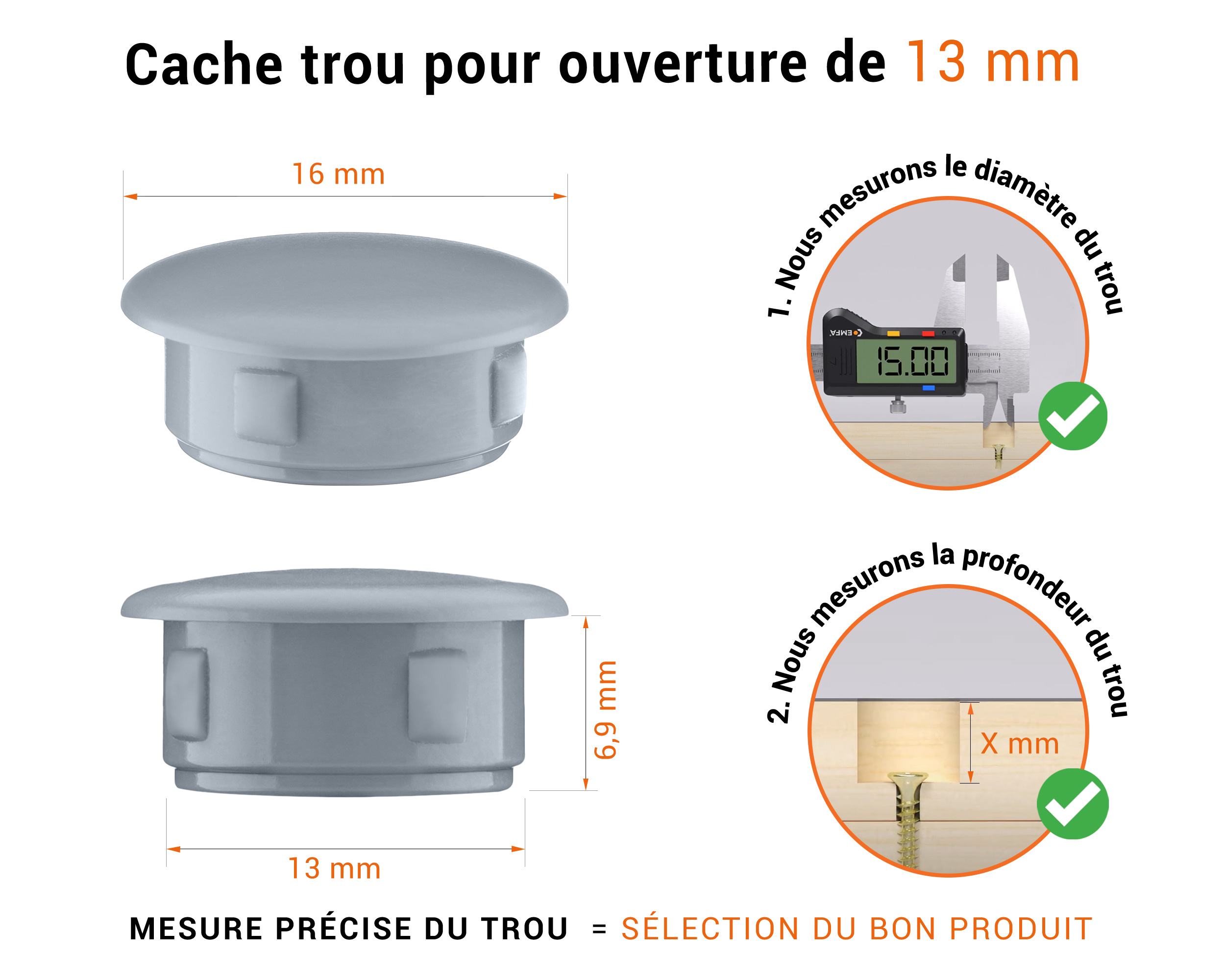 Bouchon obturateur en plastique gris pour trou de 13 mm tableau des dimensions techniques et guide pour une mesure correcte