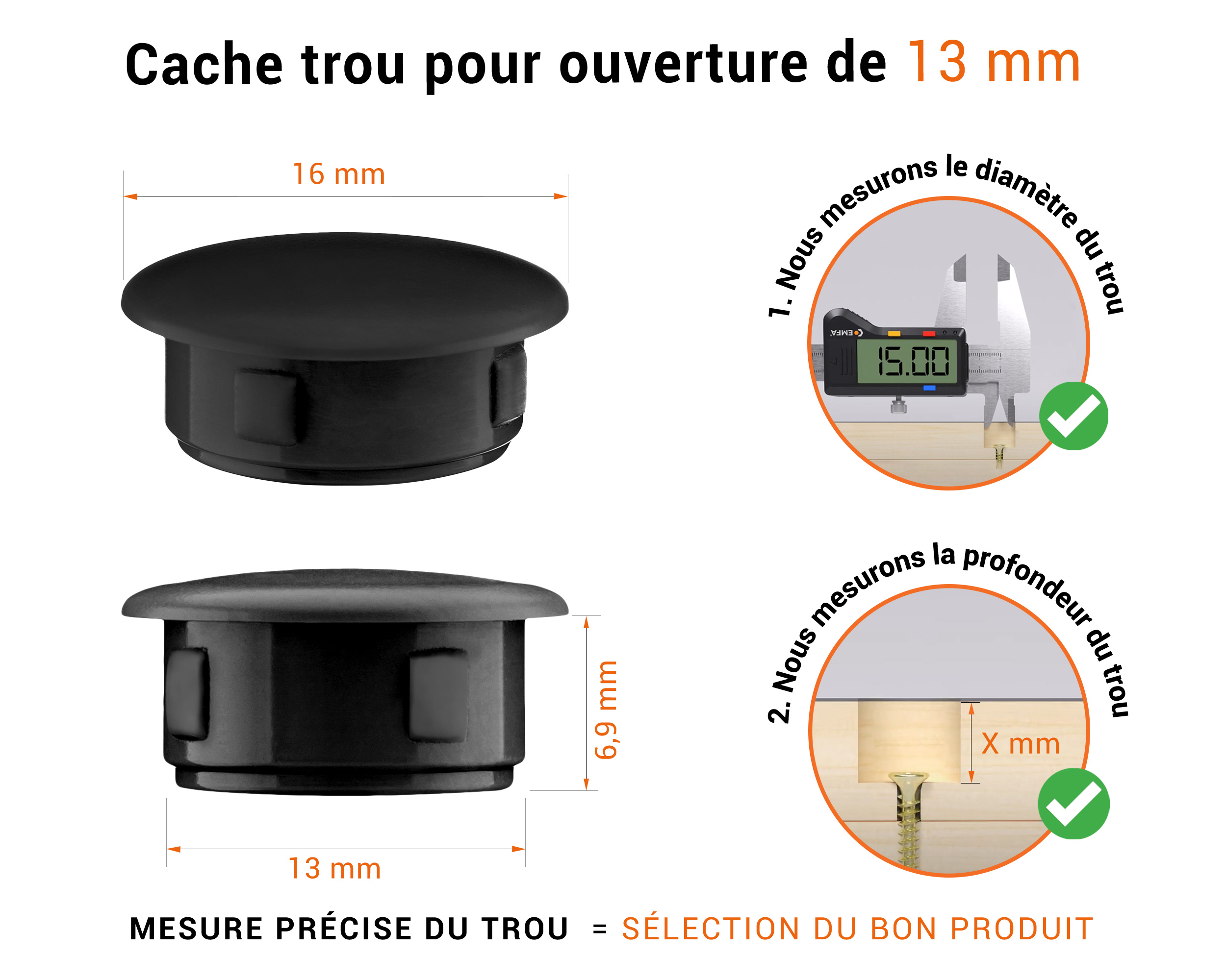 Bouchon obturateur en plastique noir pour trou de 13 mm tableau des dimensions techniques et guide pour une mesure correcte