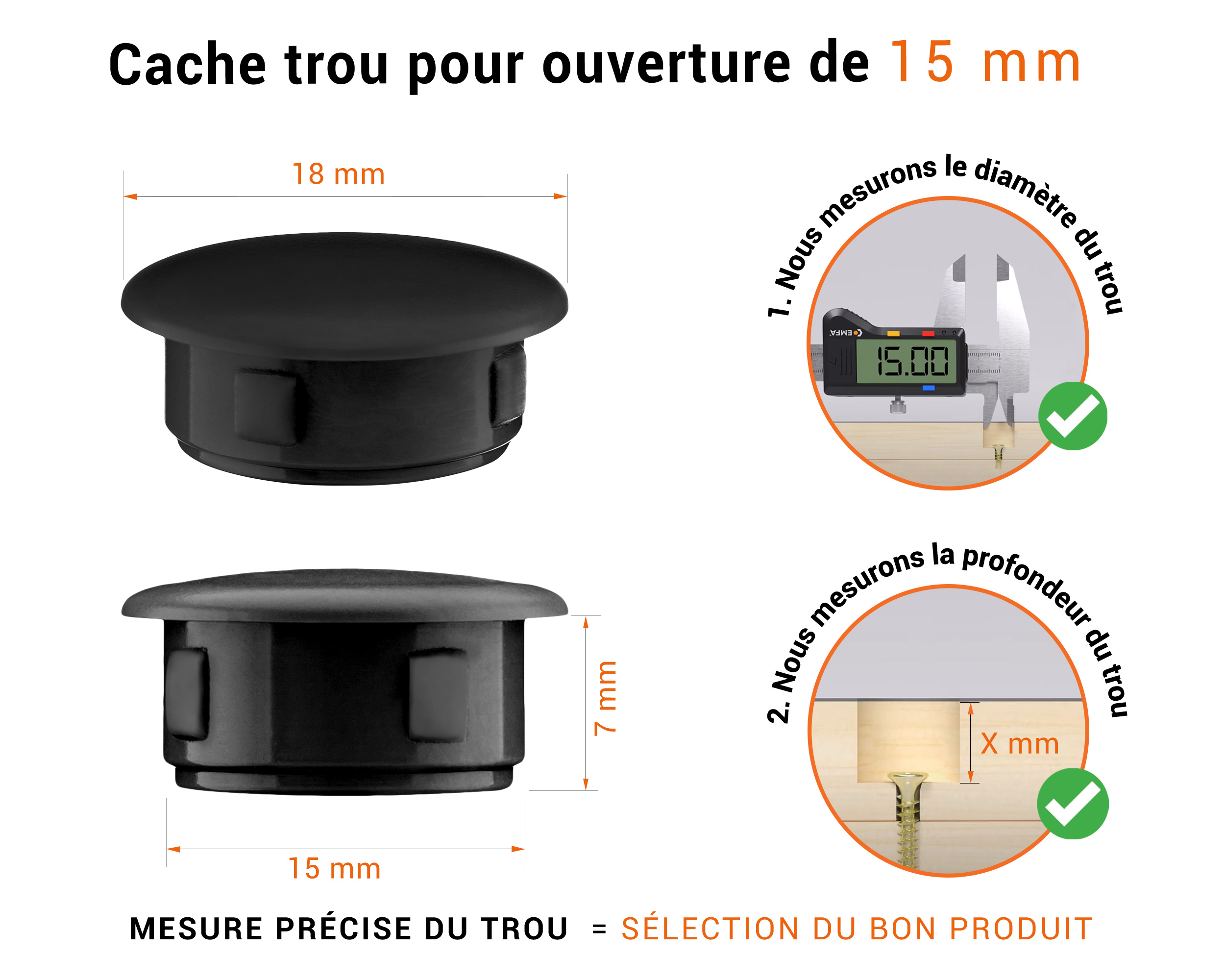 Bouchon obturateur en plastique noir pour trou de 15 mm tableau des dimensions techniques et guide pour une mesure correcte