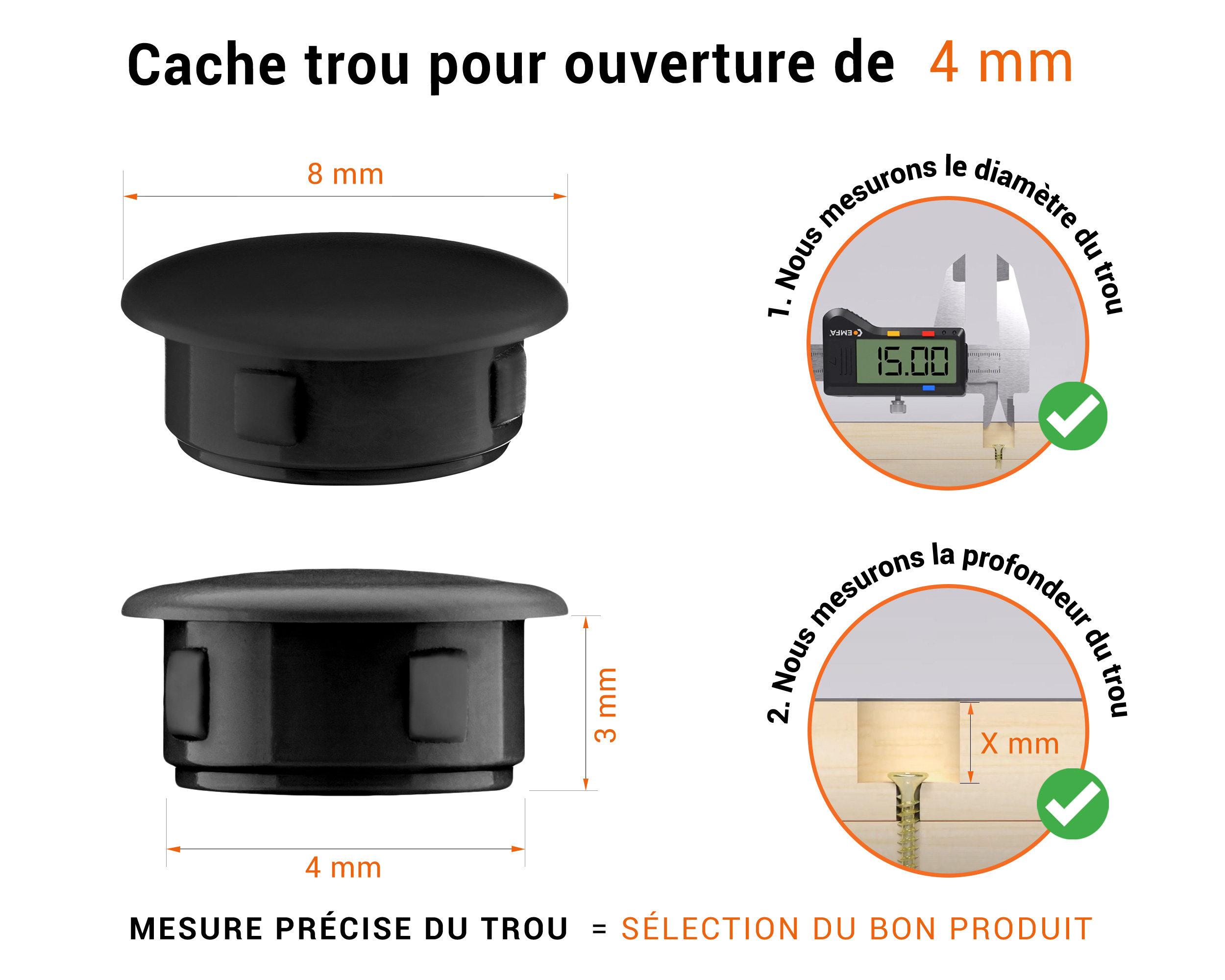 Bouchon obturateur en plastique noir pour trou de 4 mm tableau des dimensions techniques et guide pour une mesure correcte