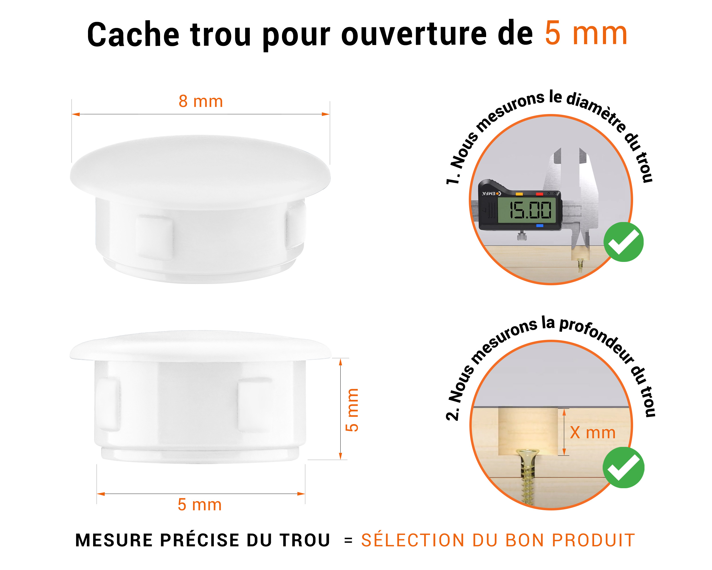 Bouchon obturateur en plastique blanc pour trou de 5 mm tableau des dimensions techniques et guide pour une mesure correcte