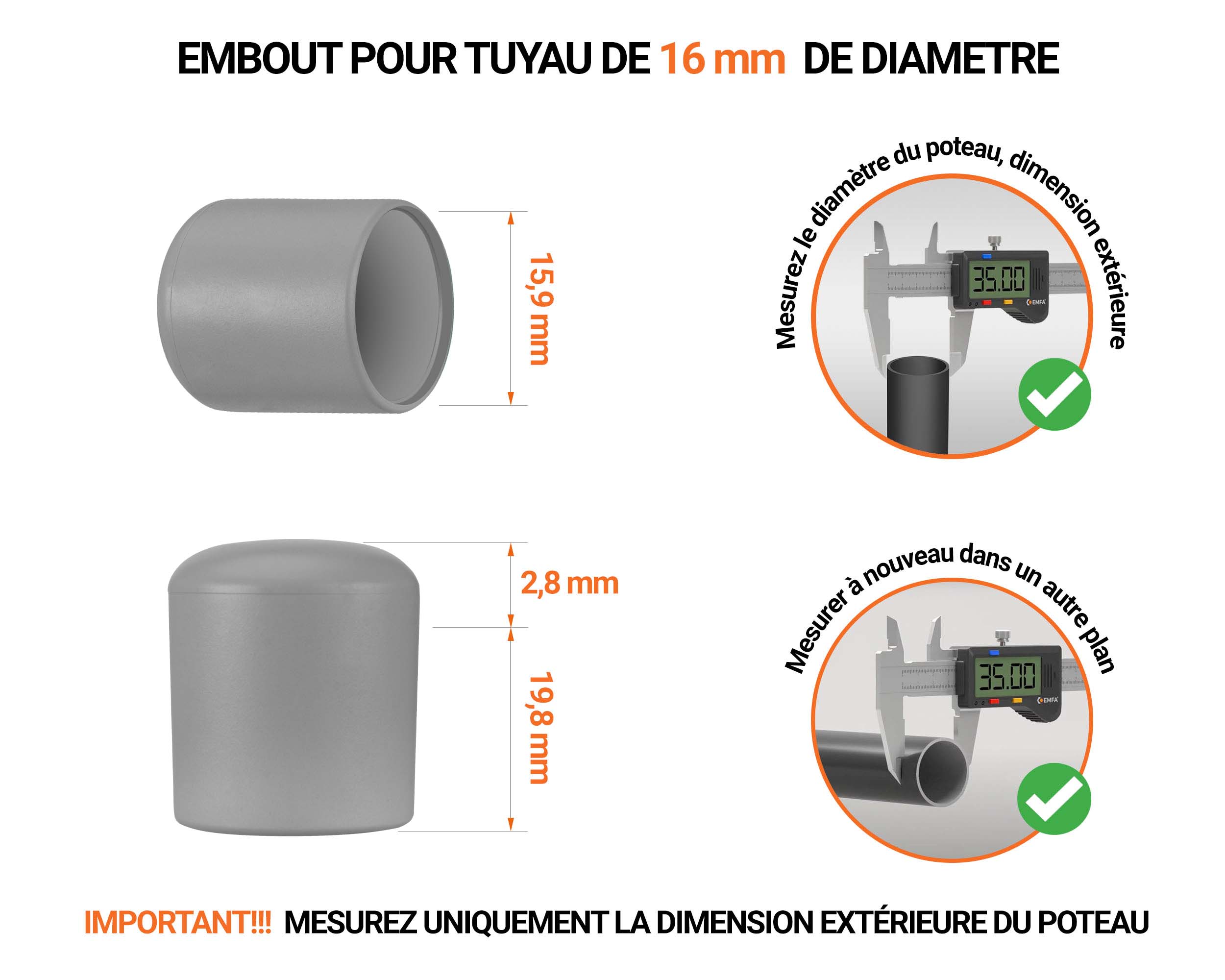 Embout noir de diamètre extérieur 16 mm pour tube rond avec dimensions et guide de mesure correcte du bouchon plastique.