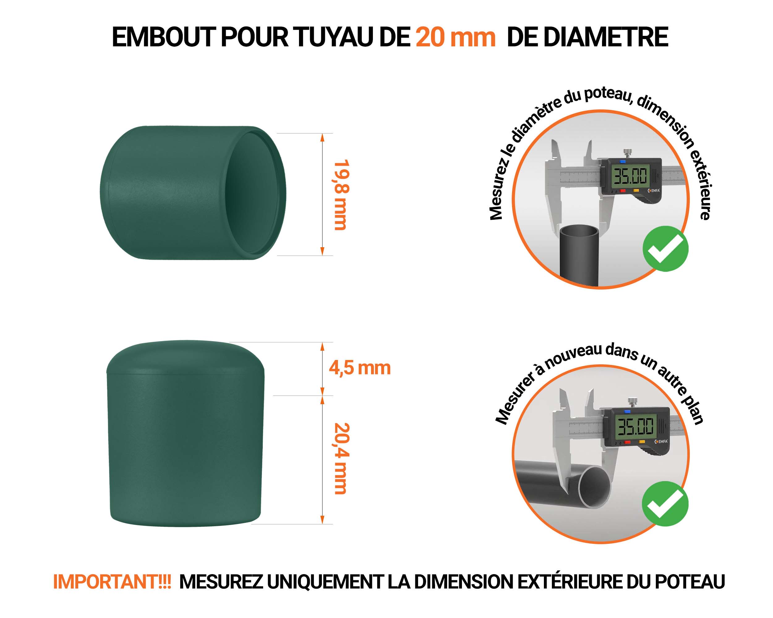 Embout gris de diamètre extérieur 20 mm pour tube rond avec dimensions et guide de mesure correcte du bouchon plastique.