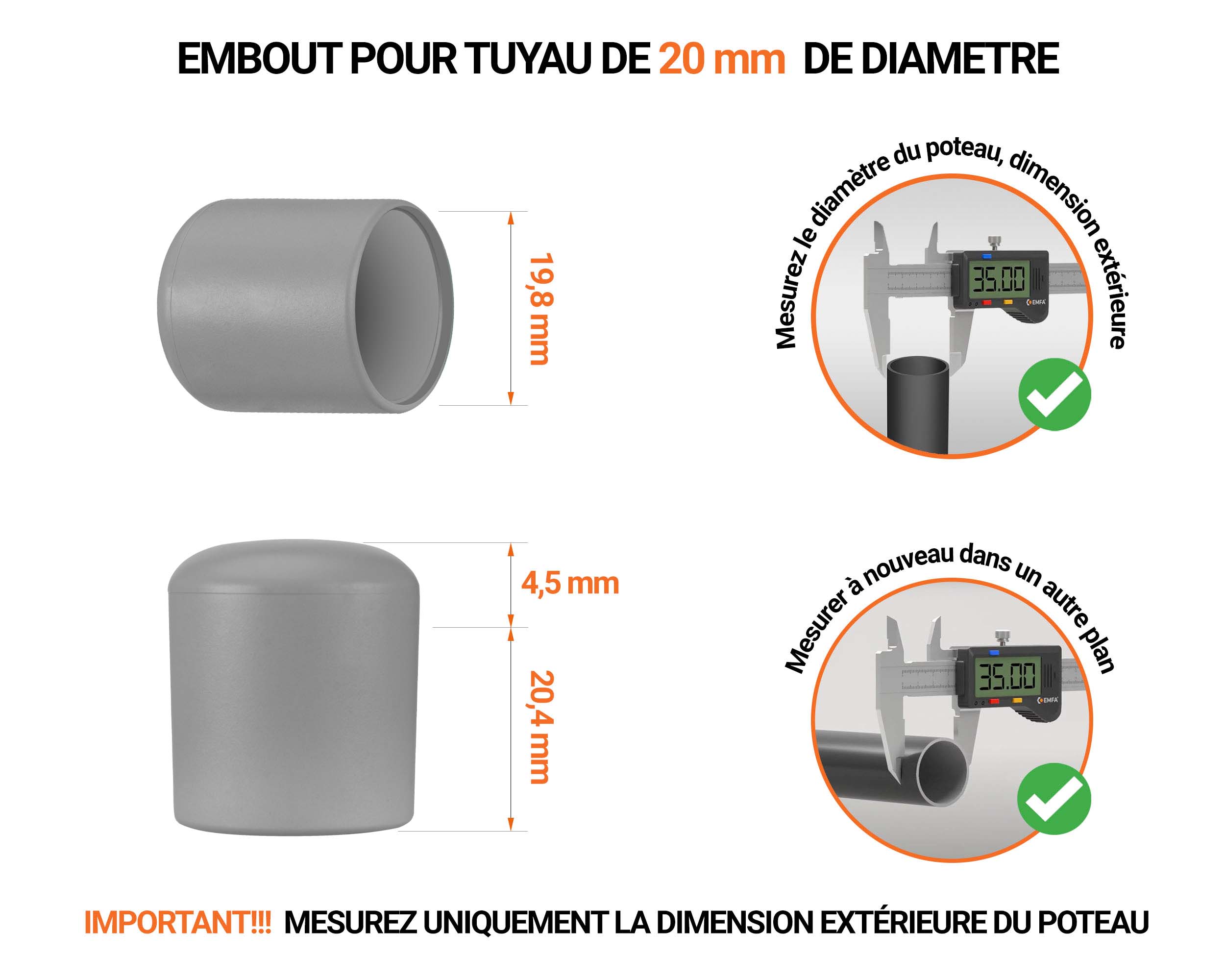 Embout noir de diamètre extérieur 20 mm pour tube rond avec dimensions et guide de mesure correcte du bouchon plastique.