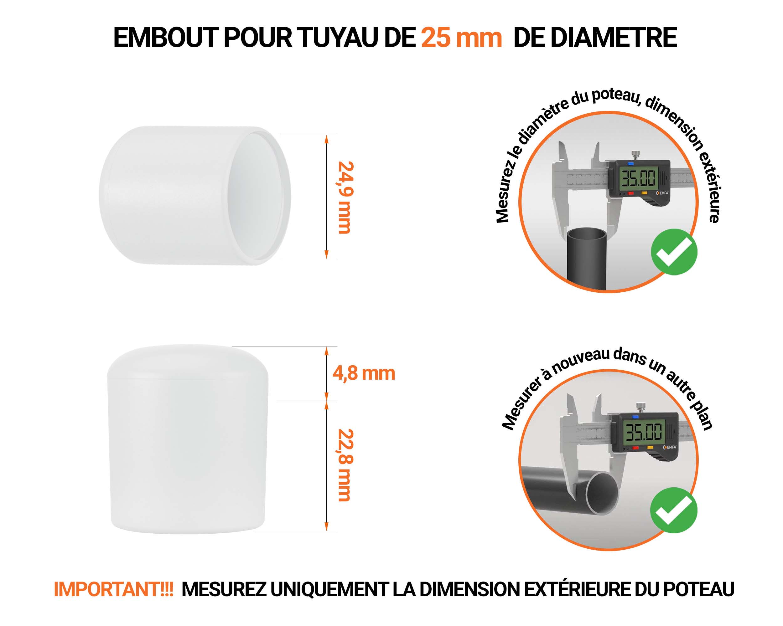 Embout gris de diamètre extérieur 27 mm pour tube rond avec dimensions et guide de mesure correcte du bouchon plastique.