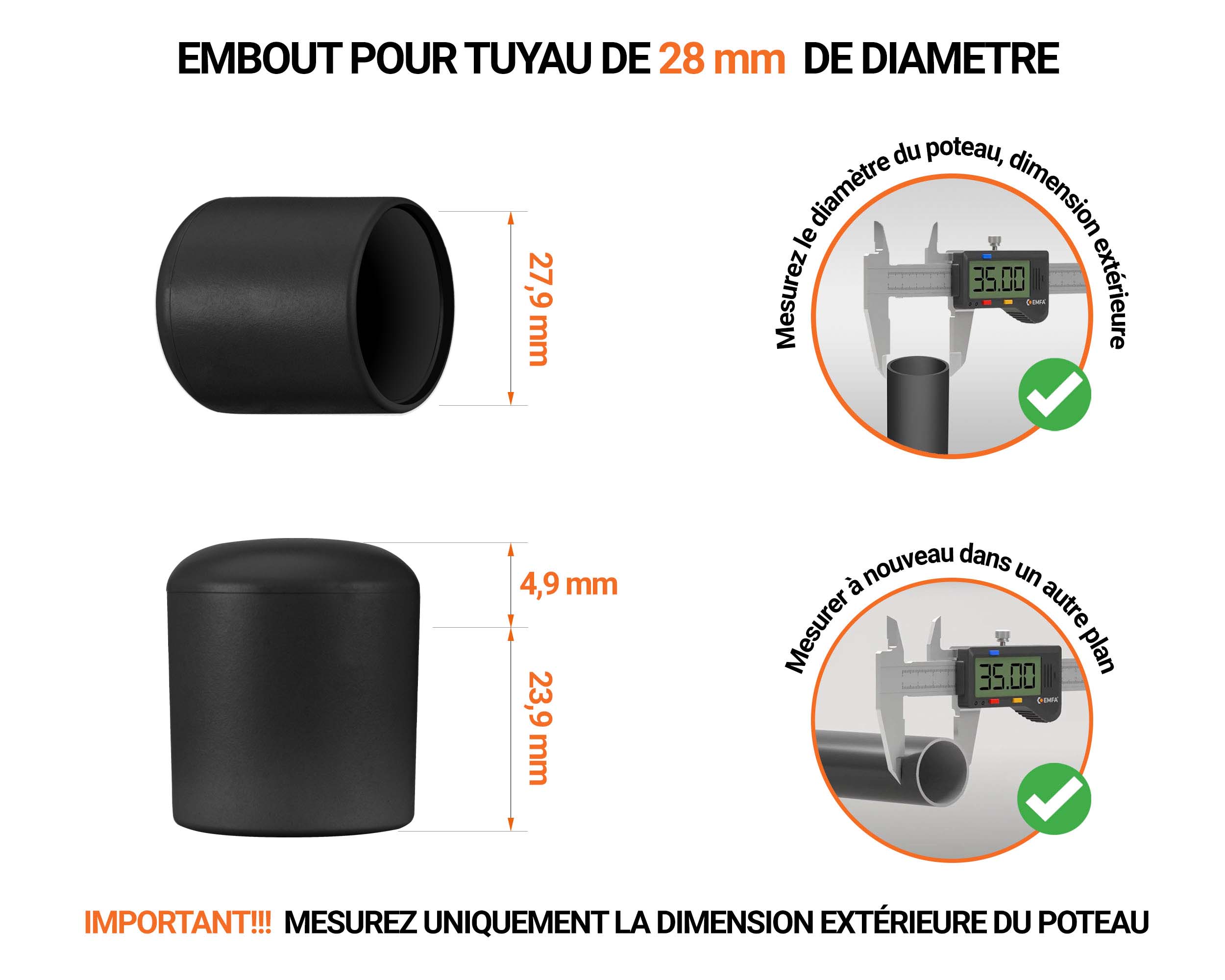 Embout gris de diamètre extérieur 30 mm pour tube rond avec dimensions et guide de mesure correcte du bouchon plastique.