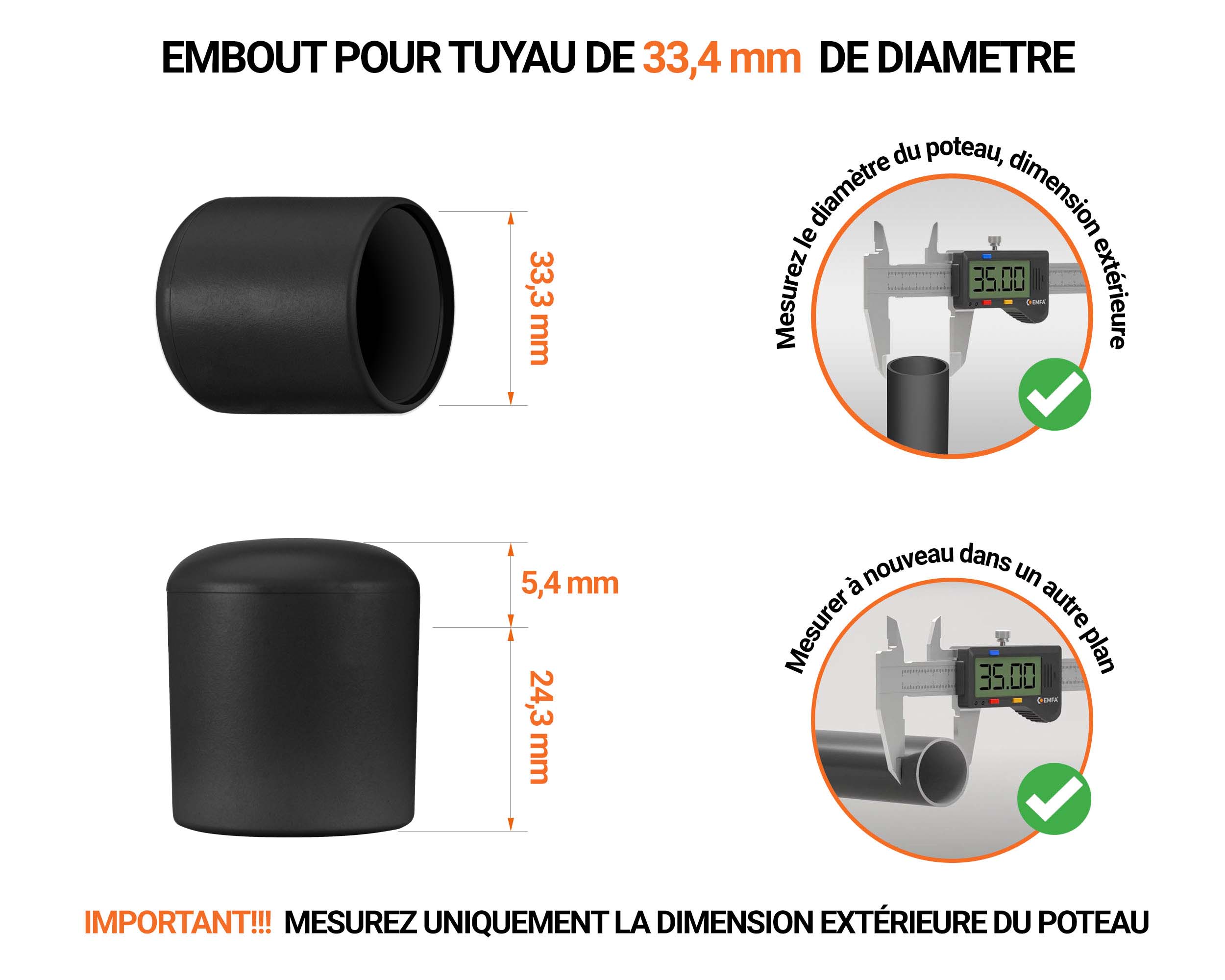 Embout noir de diamètre extérieur 35 mm pour tube rond avec dimensions et guide de mesure correcte du bouchon plastique.