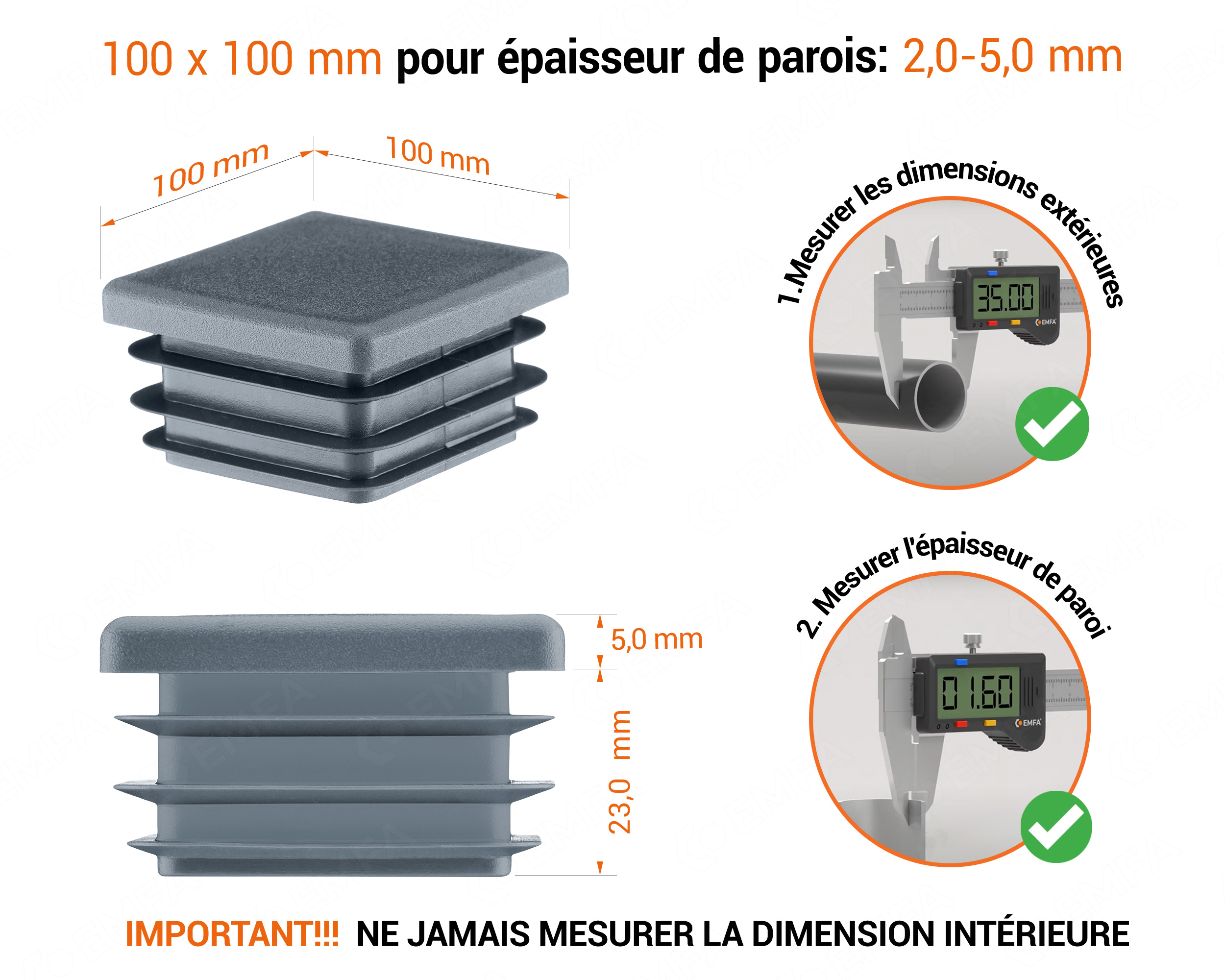 Embout anthracite pour tubes carrés de 100x100 mm avec dimensions techniques et guide de mesure correcte du bouchon plastique