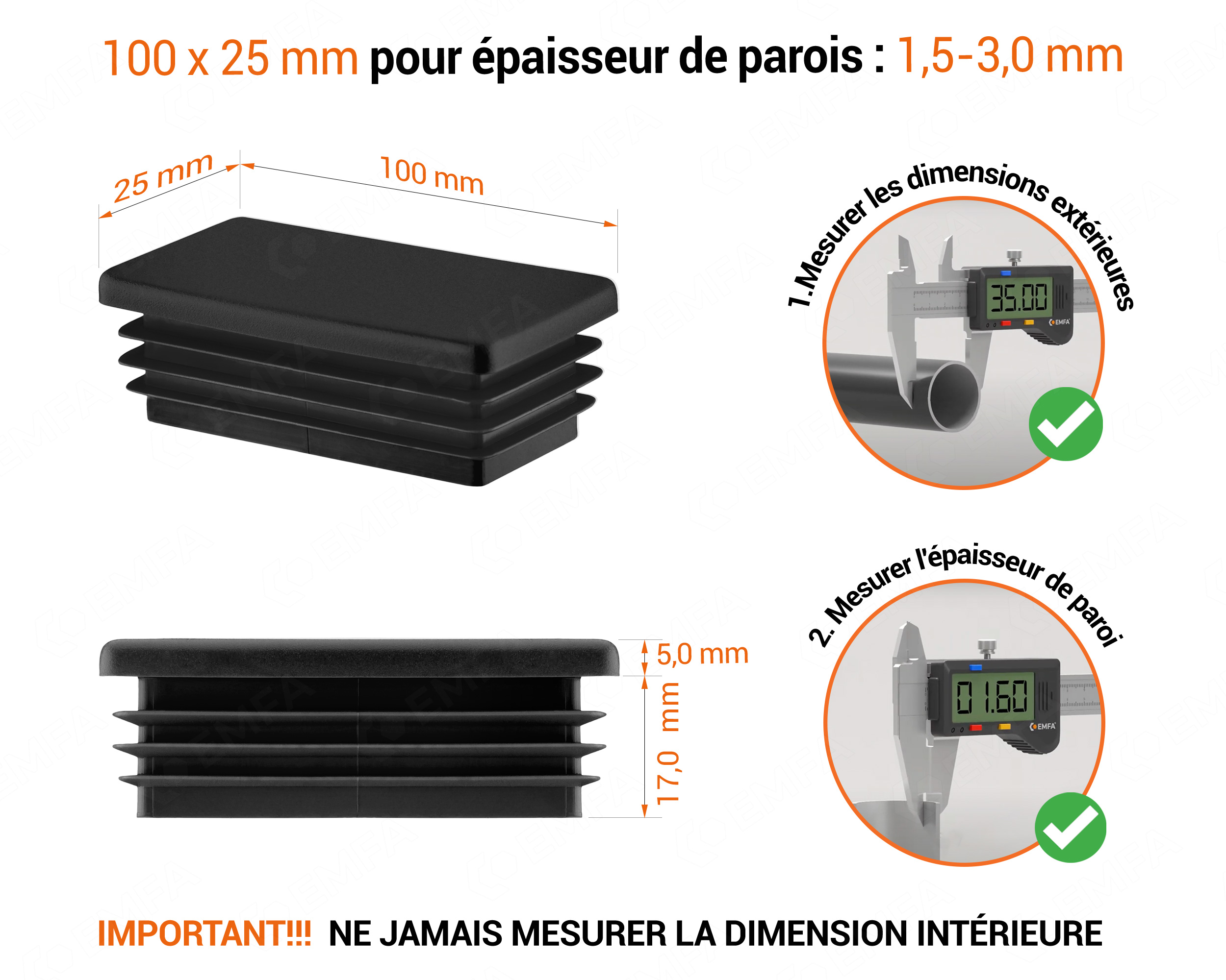 Embout noir pour tubes rectangulaires de 25x100 mm avec dimensions techniques et guide de mesure correcte du bouchon.