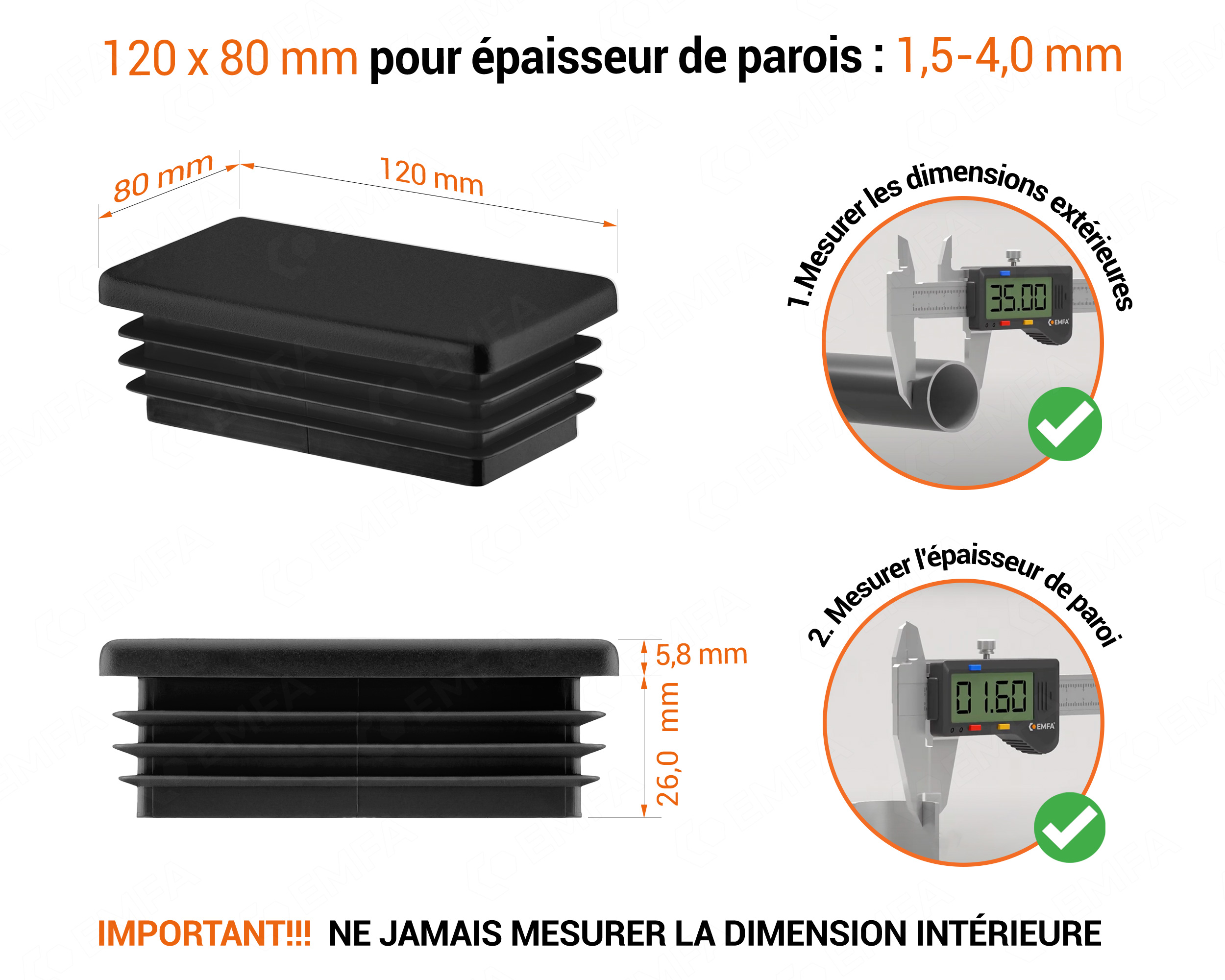 Embout noir pour tubes rectangulaires de 80x120 mm avec dimensions techniques et guide de mesure correcte du bouchon.