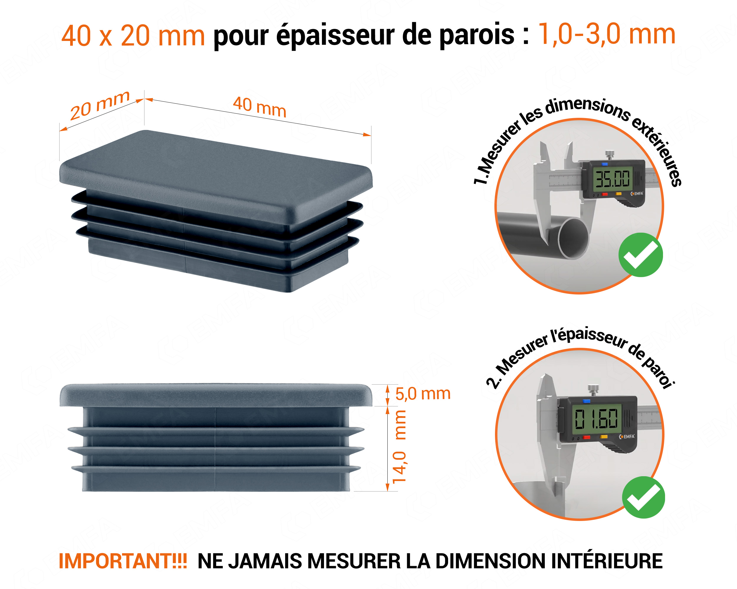 Embout anthracite pour tubes rectangulaires de 20x40 mm avec dimensions techniques et guide de mesure correcte du bouchon.